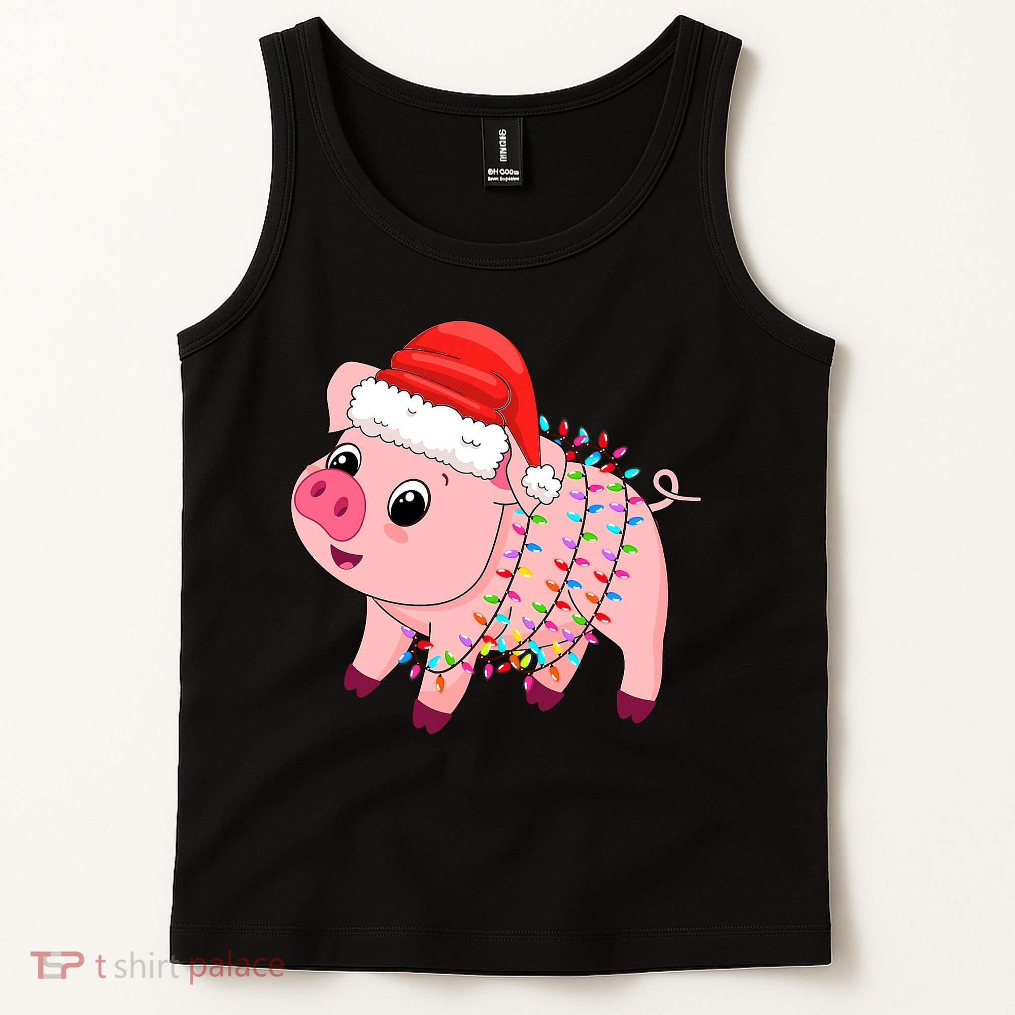 Christmas Lights Pig Wearing Xmas Hat - Pig Lover Farmer Tank Top