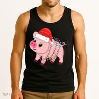 Christmas Lights Pig Wearing Xmas Hat - Pig Lover Farmer Tank Top thumb 3
