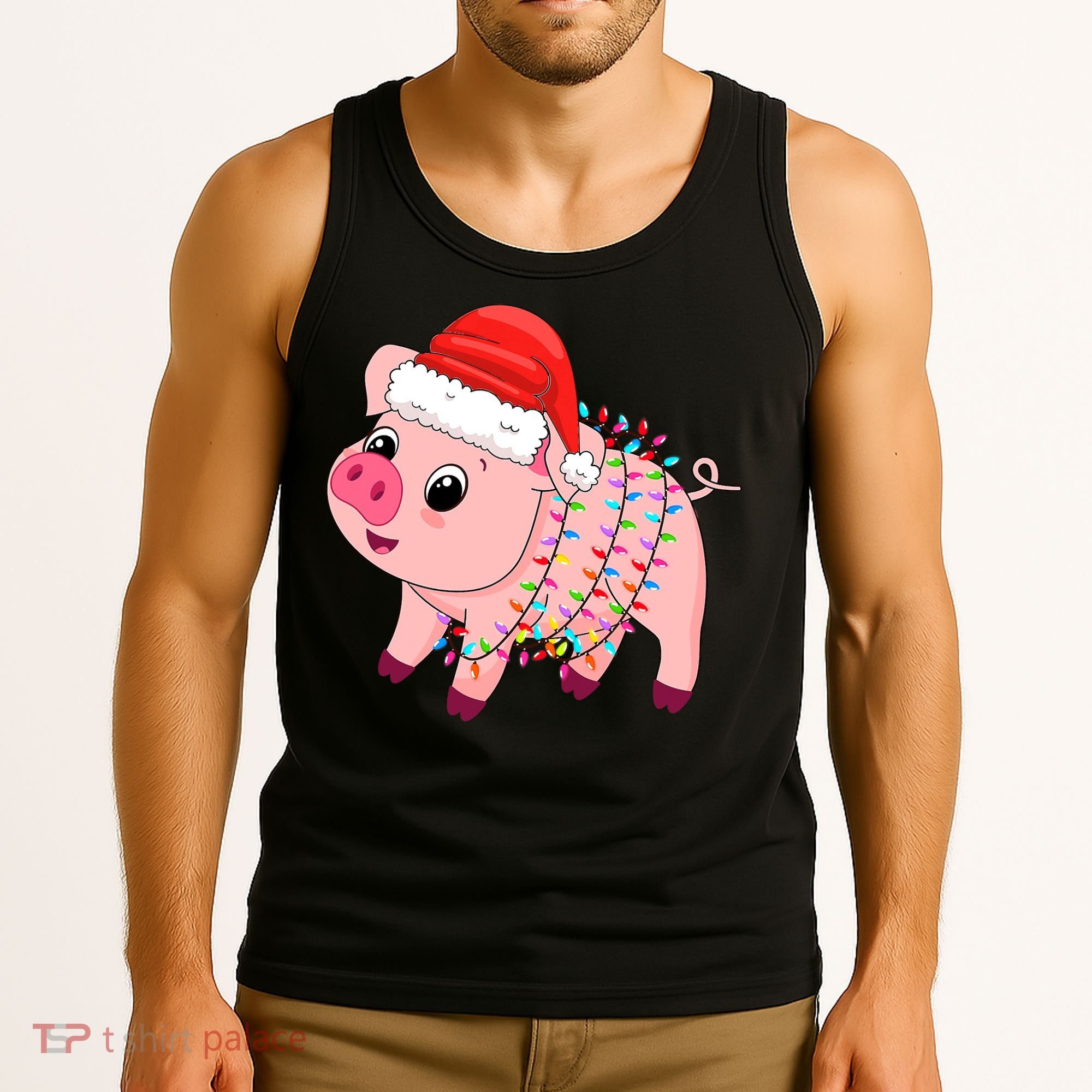 Christmas Lights Pig Wearing Xmas Hat - Pig Lover Farmer Tank Top