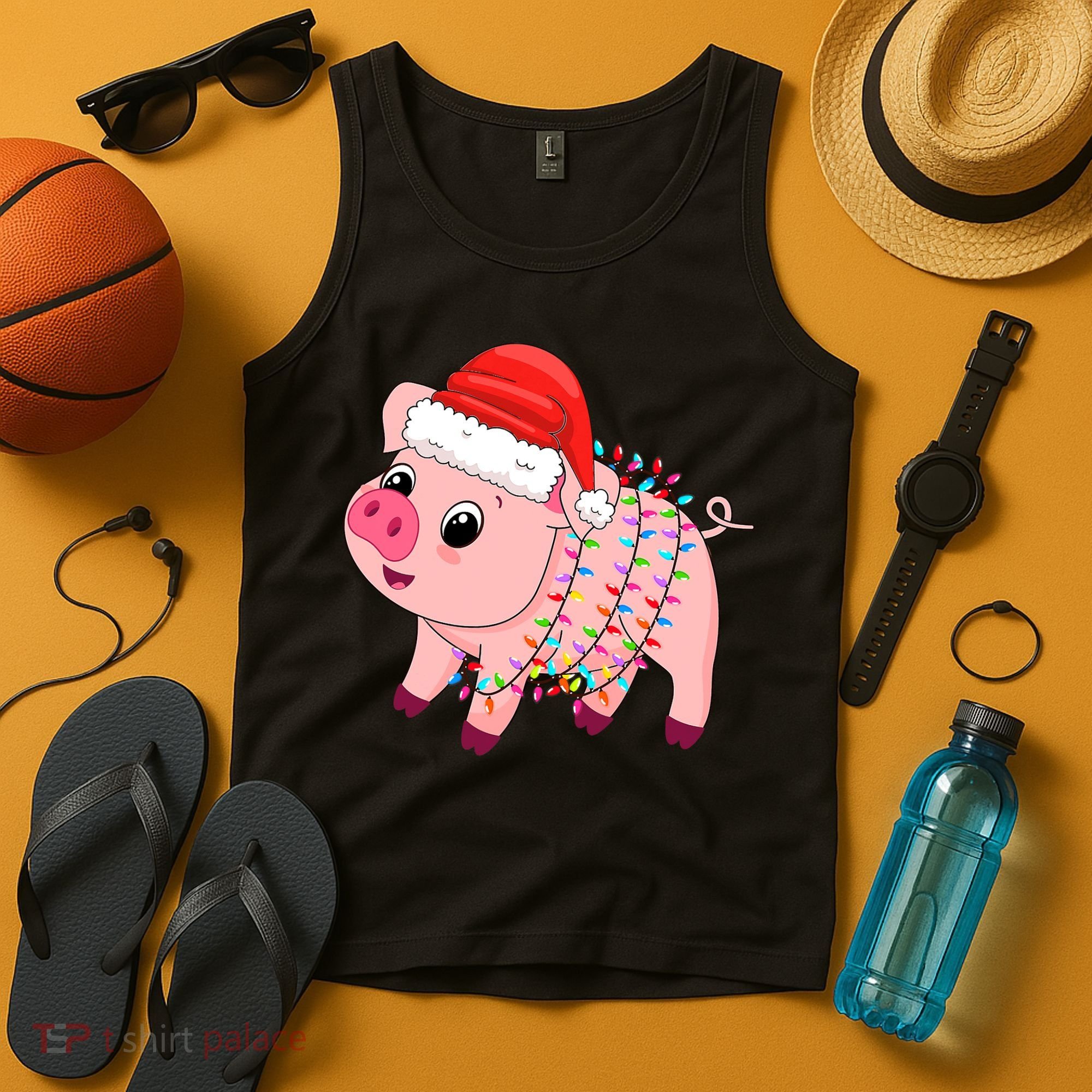 Christmas Lights Pig Wearing Xmas Hat - Pig Lover Farmer Tank Top