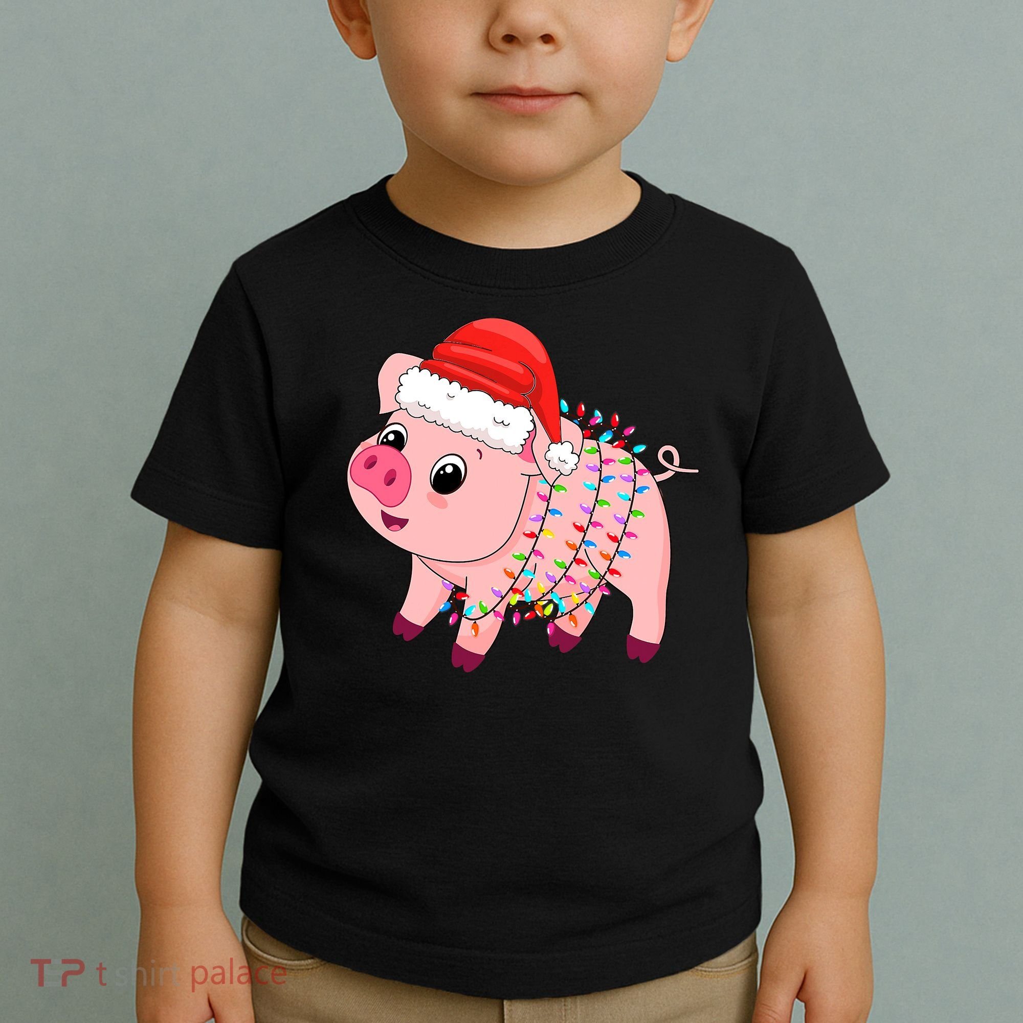Christmas Lights Pig Wearing Xmas Hat - Pig Lover Farmer Toddler T-Shirt