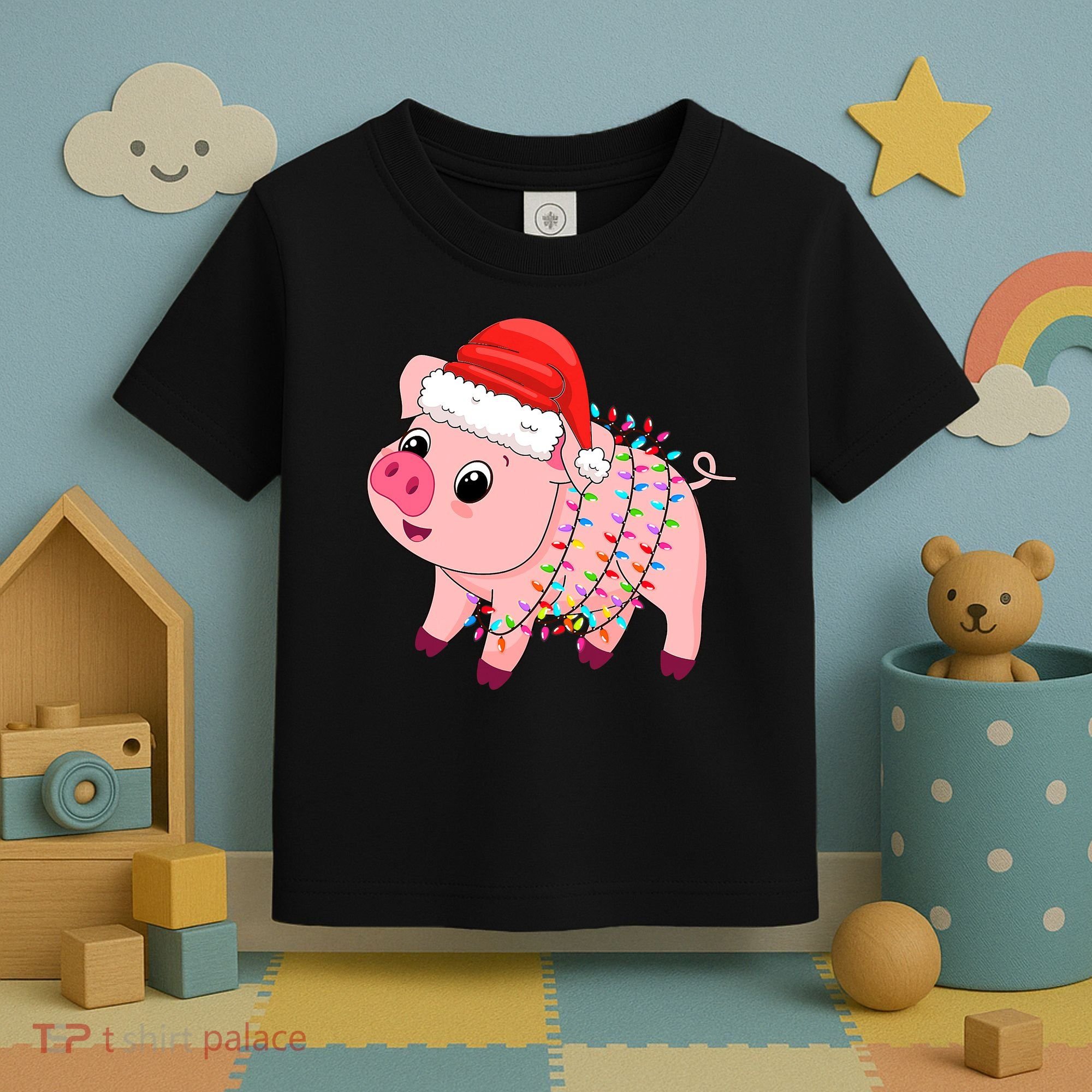 Christmas Lights Pig Wearing Xmas Hat - Pig Lover Farmer Toddler T-Shirt