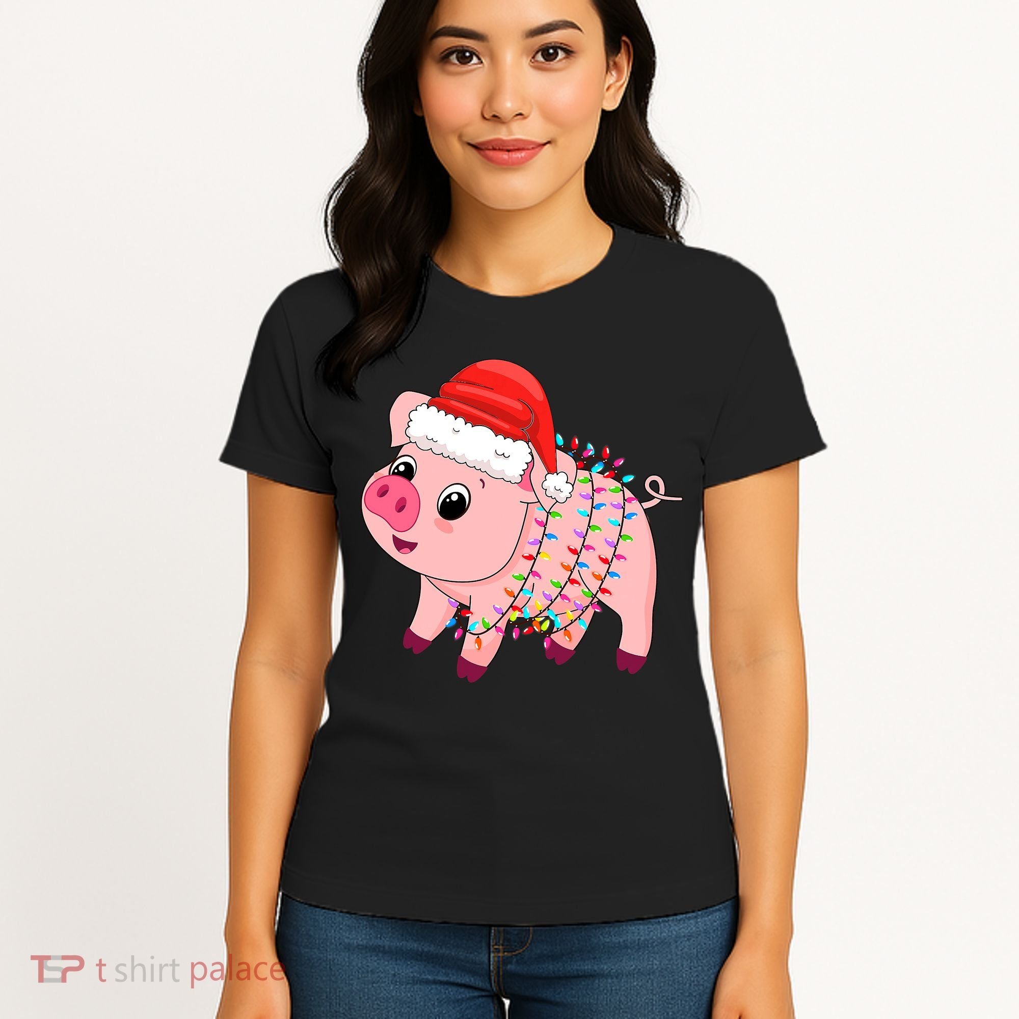 Christmas Lights Pig Wearing Xmas Hat - Pig Lover Farmer Women's T-Shirt