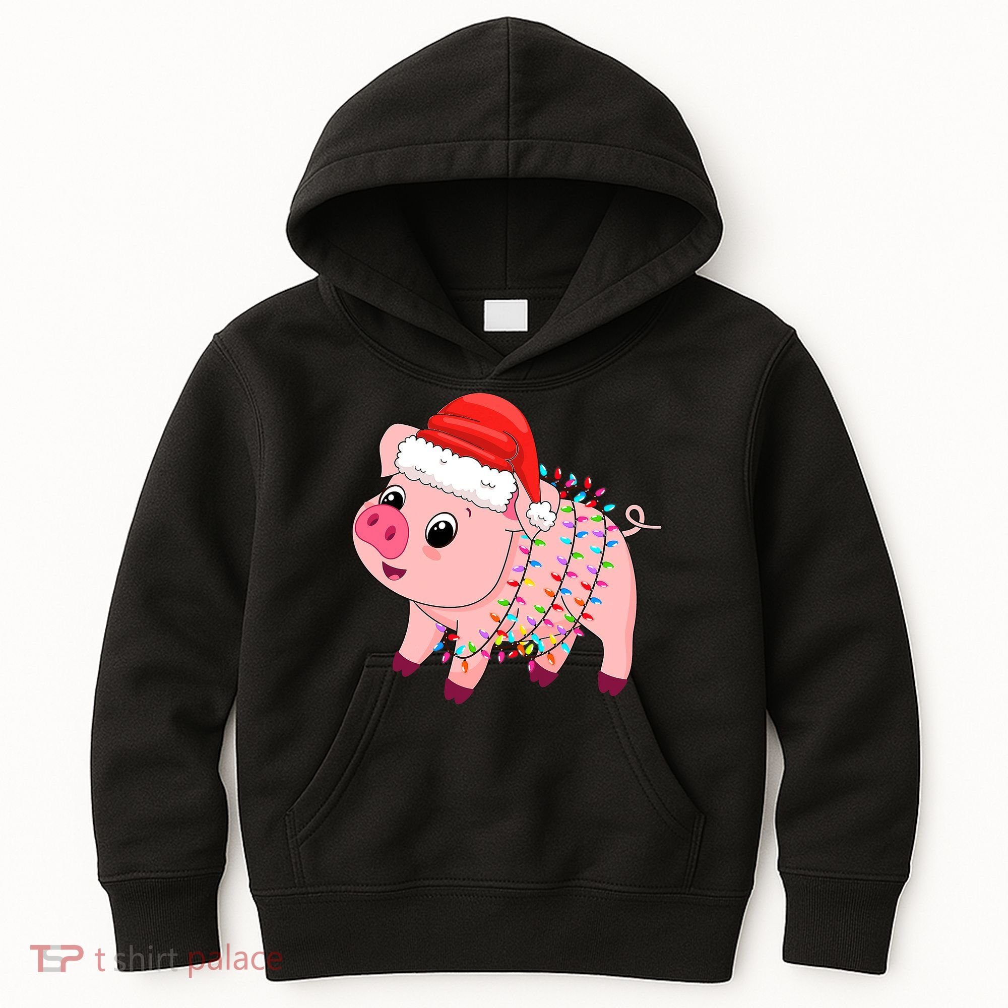 Christmas Lights Pig Wearing Xmas Hat - Pig Lover Farmer Kids Hoodie