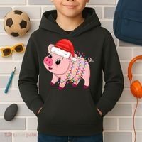 Christmas Lights Pig Wearing Xmas Hat - Pig Lover Farmer Kids Hoodie thumb 2