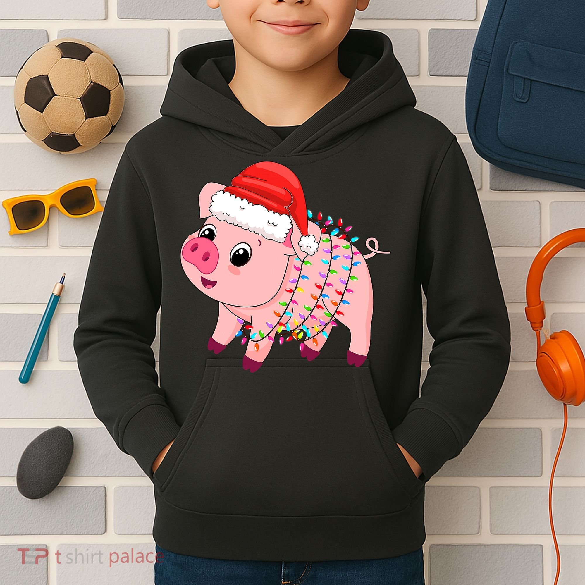 Christmas Lights Pig Wearing Xmas Hat - Pig Lover Farmer Kids Hoodie