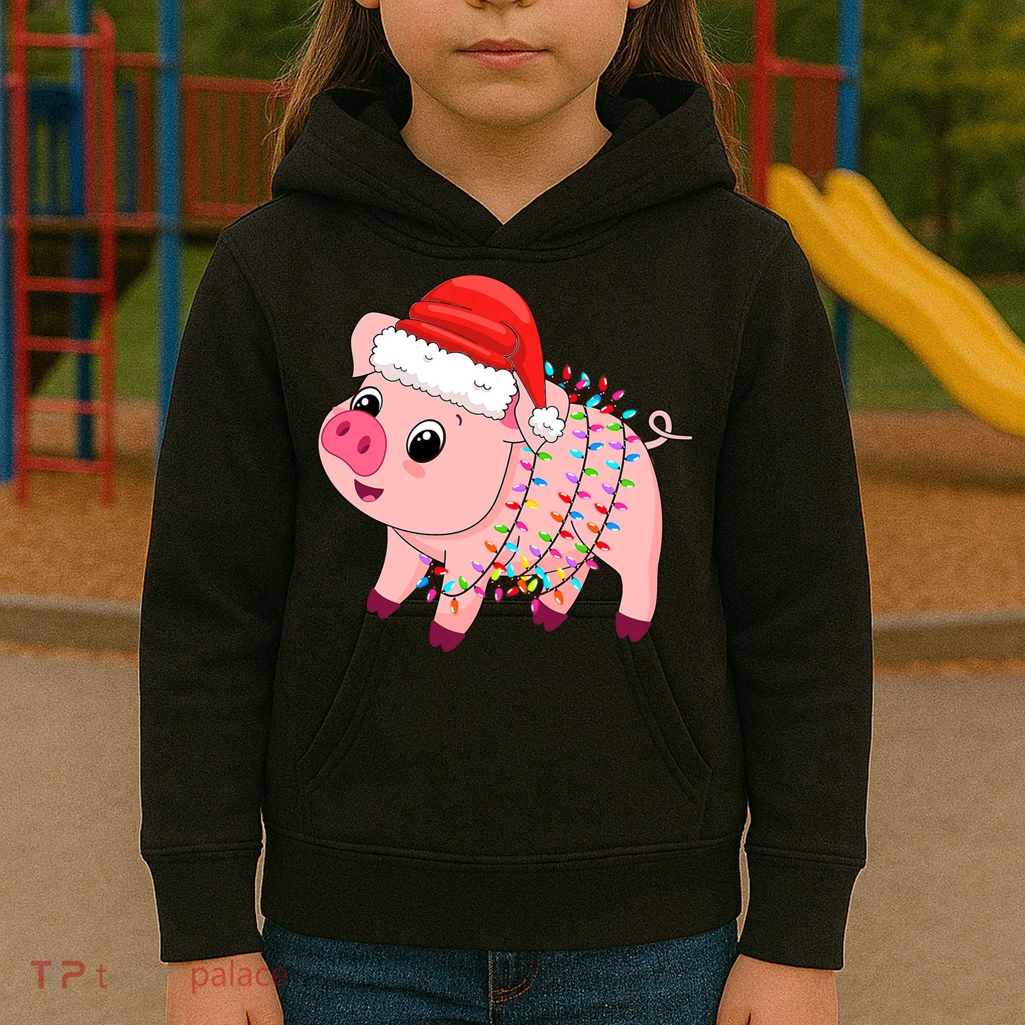 Christmas Lights Pig Wearing Xmas Hat - Pig Lover Farmer Kids Hoodie