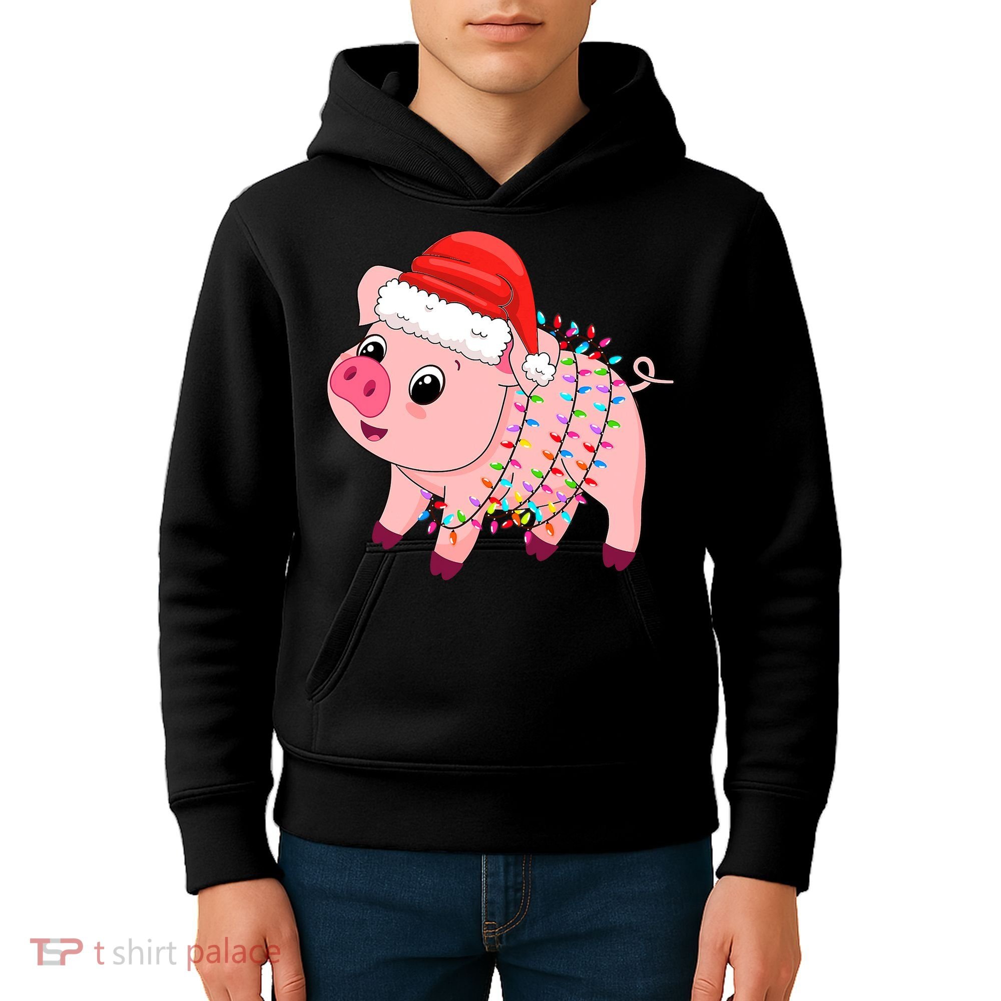 Christmas Lights Pig Wearing Xmas Hat - Pig Lover Farmer Kids Hoodie