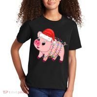 Christmas Lights Pig Wearing Xmas Hat - Pig Lover Farmer Kids T-Shirt thumb 2