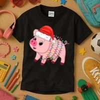 Christmas Lights Pig Wearing Xmas Hat - Pig Lover Farmer Kids T-Shirt thumb 3