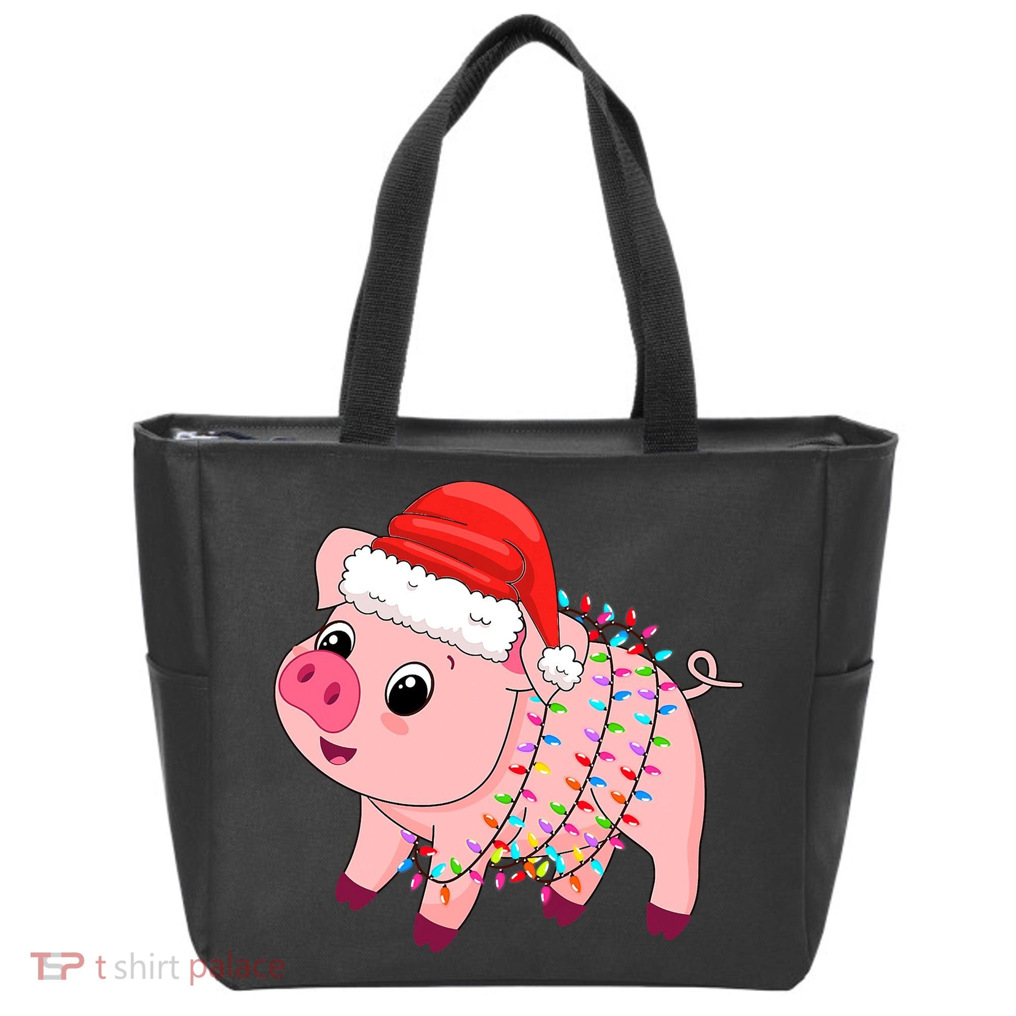 Christmas Lights Pig Wearing Xmas Hat - Pig Lover Farmer Tote Bag