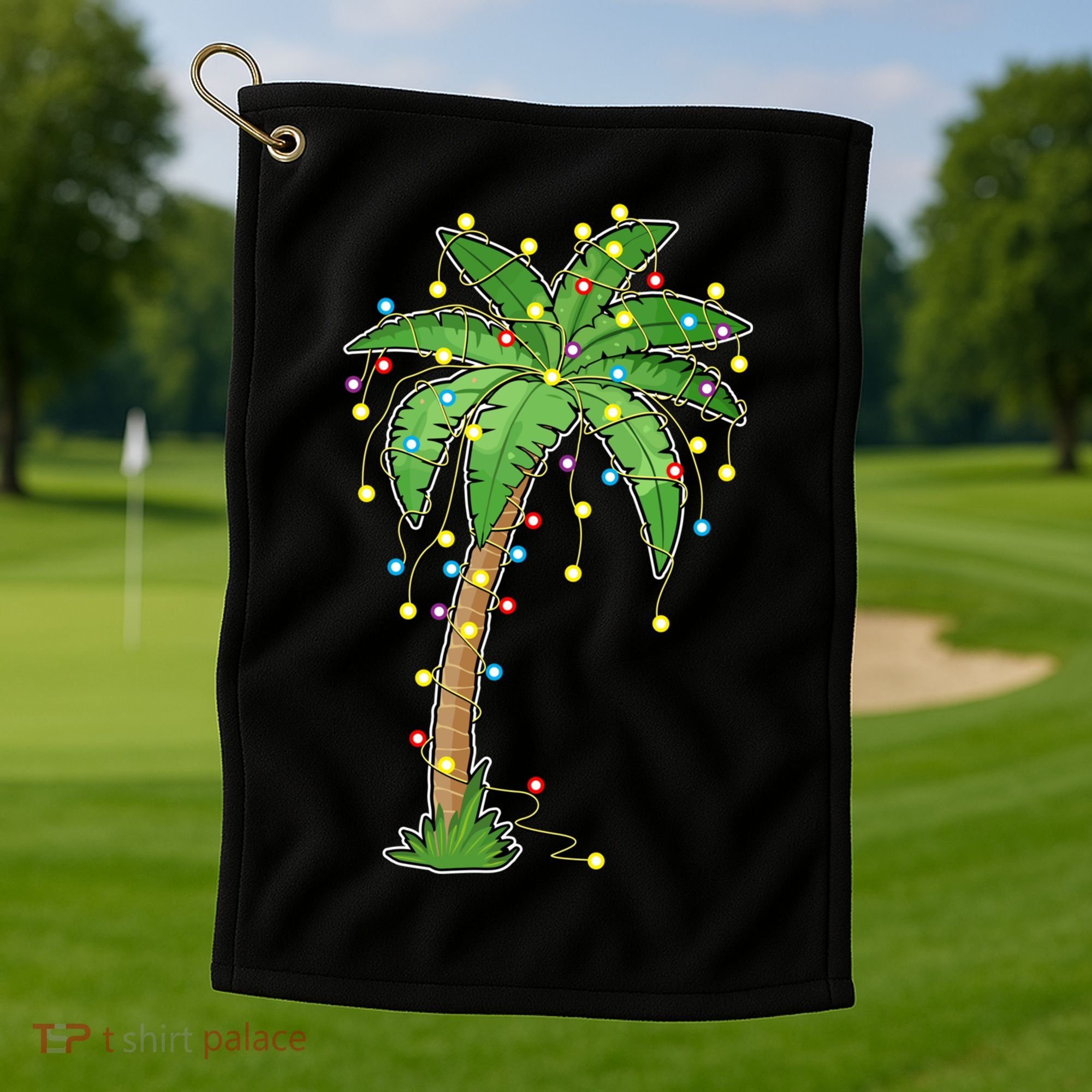 Christmas Lights Palm Tree Beach Funny Tropical Xmas Gift Golf Towel