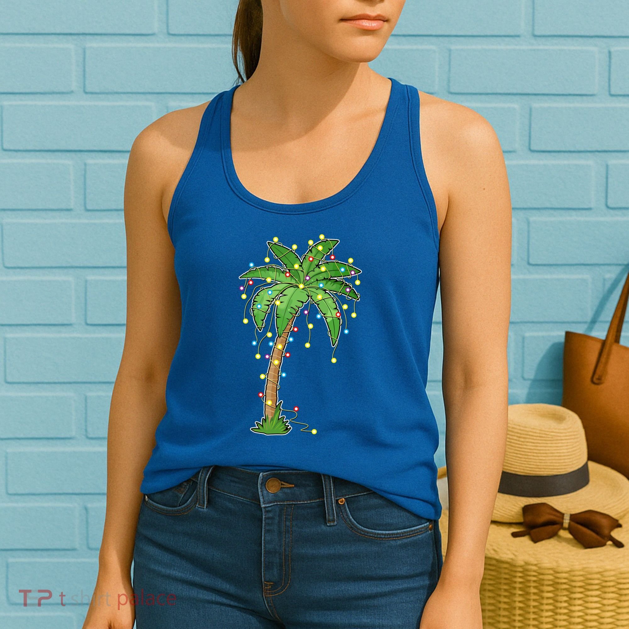 Christmas Lights Palm Tree Beach Funny Tropical Xmas Gift Women's Tank Top