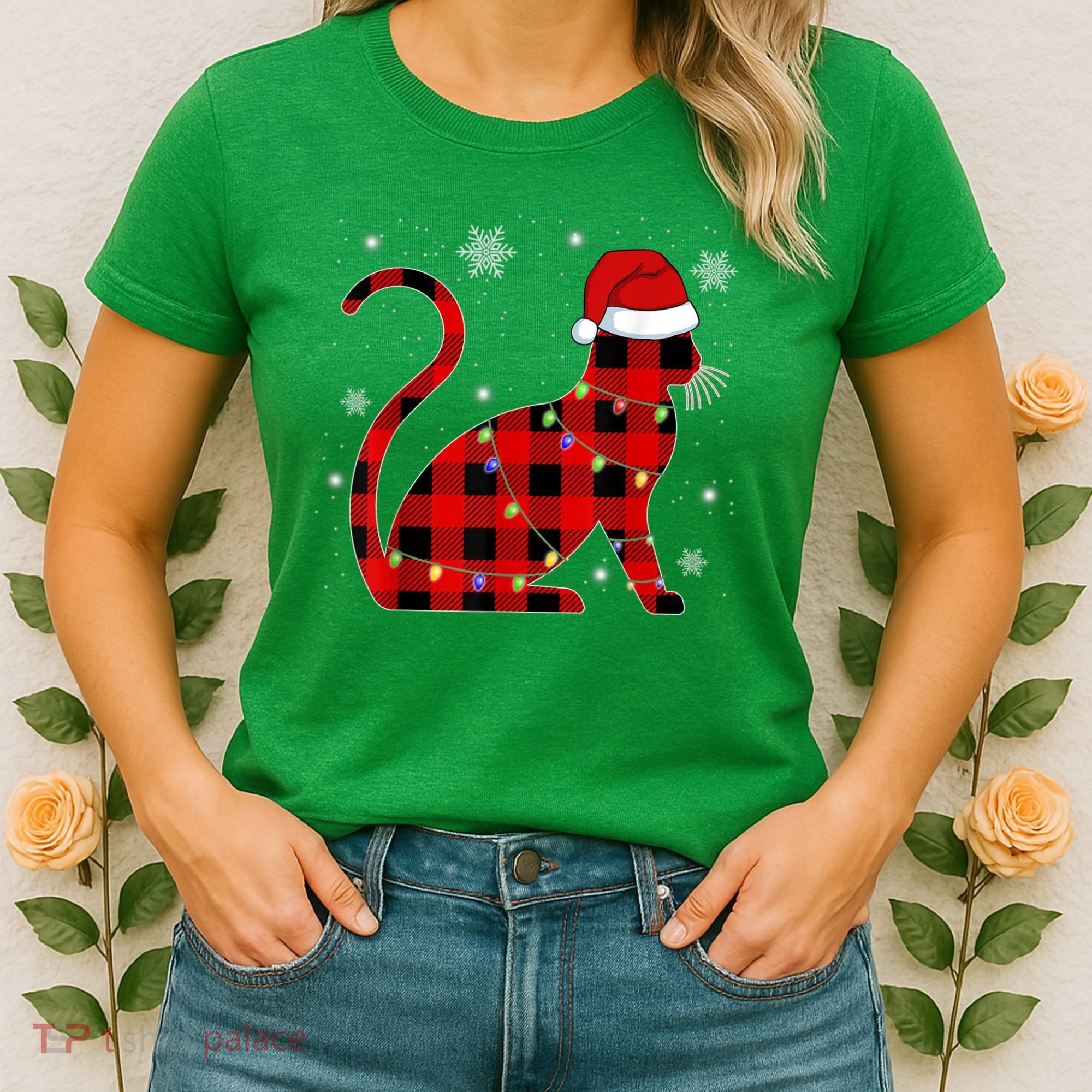 Cat Lover Plaid Holiday Festive Women's T-Shirt