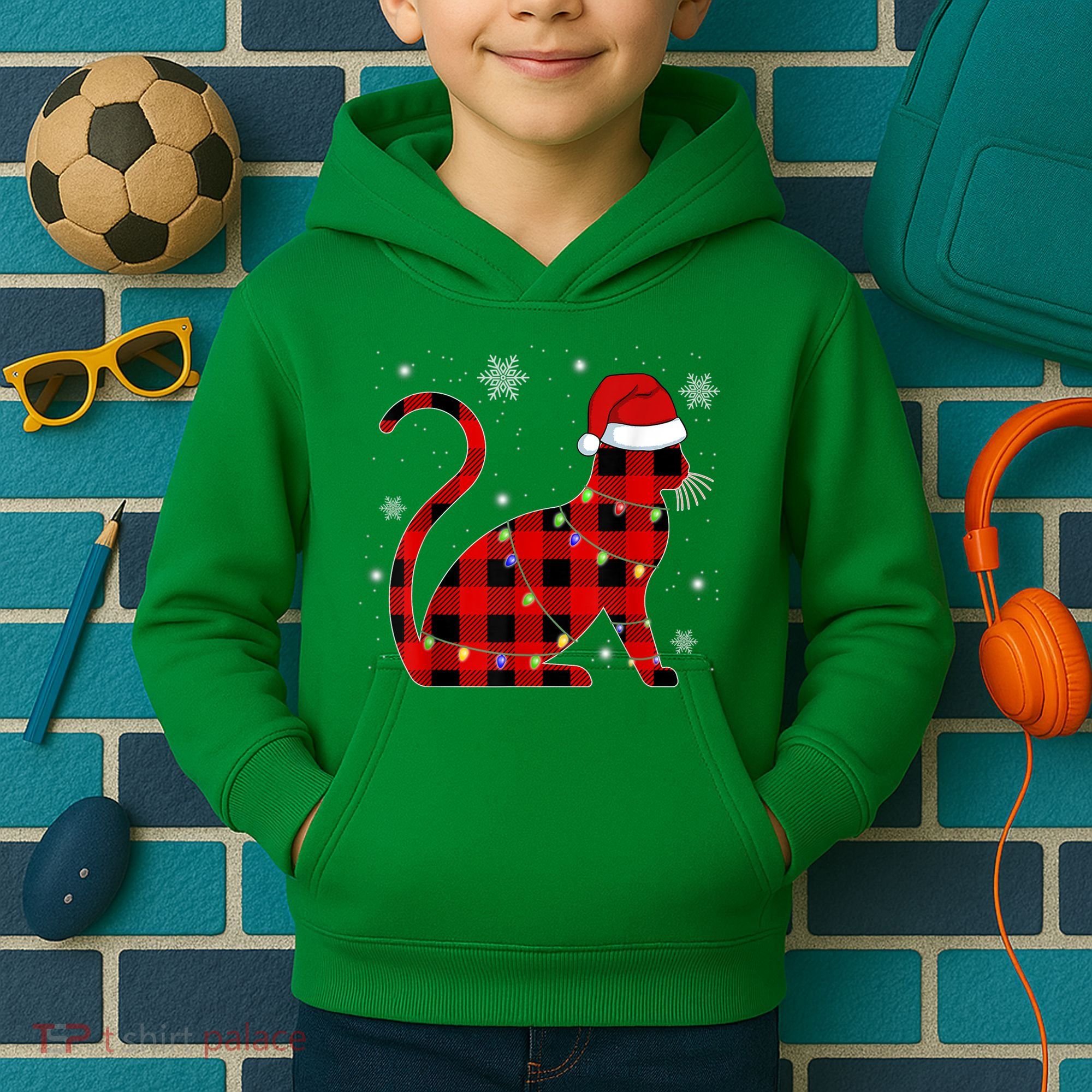 Cat Lover Plaid Holiday Festive Kids Hoodie