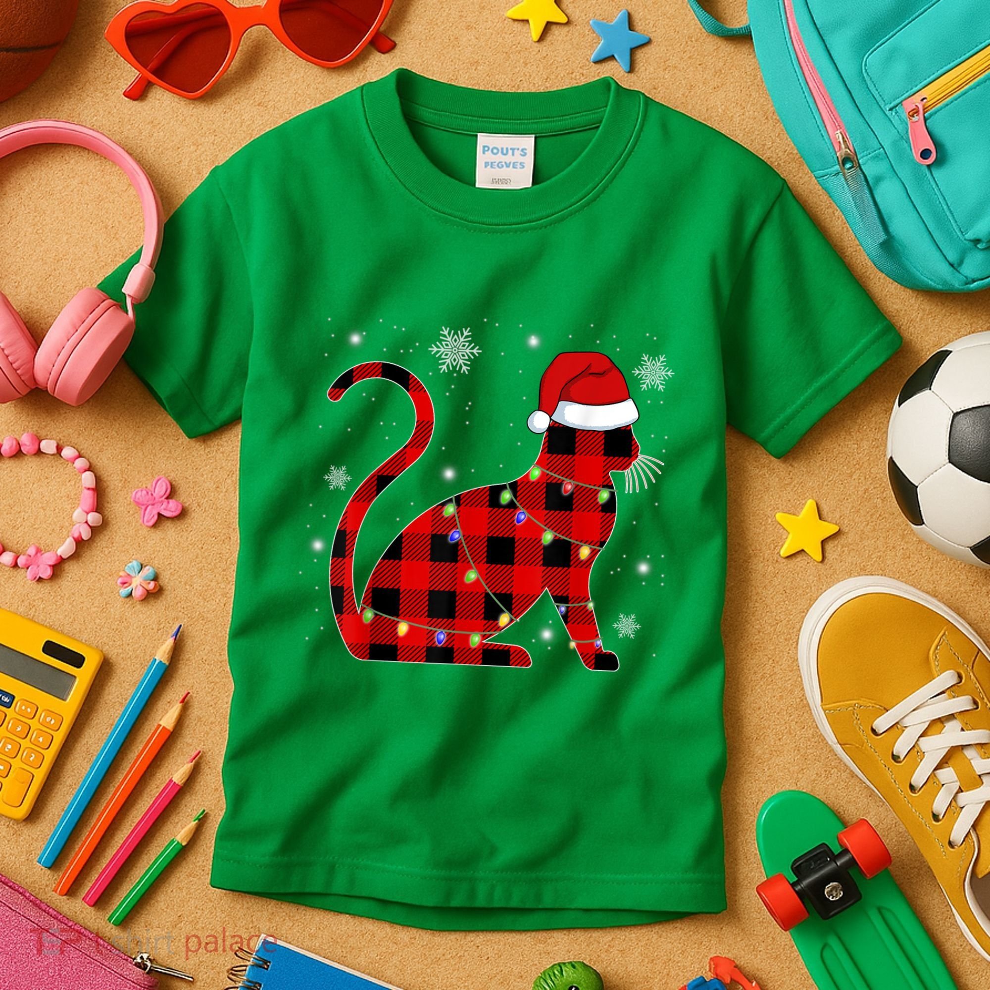 Cat Lover Plaid Holiday Festive Kids T-Shirt