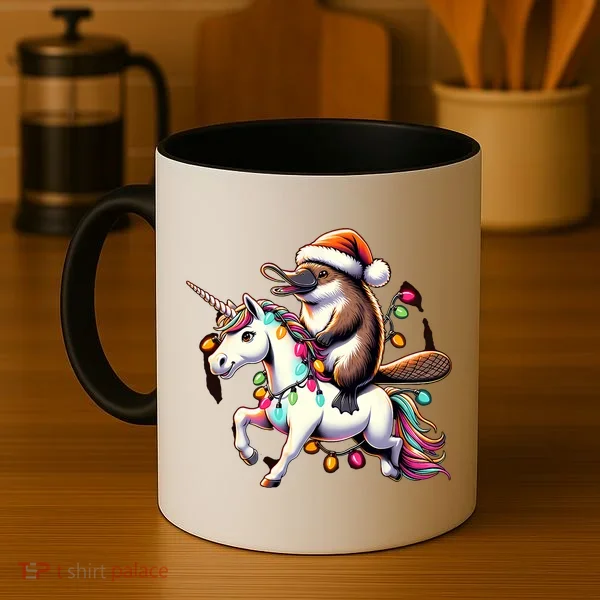 Christmas Lights Platypus Riding Unicorn Coffee Mug