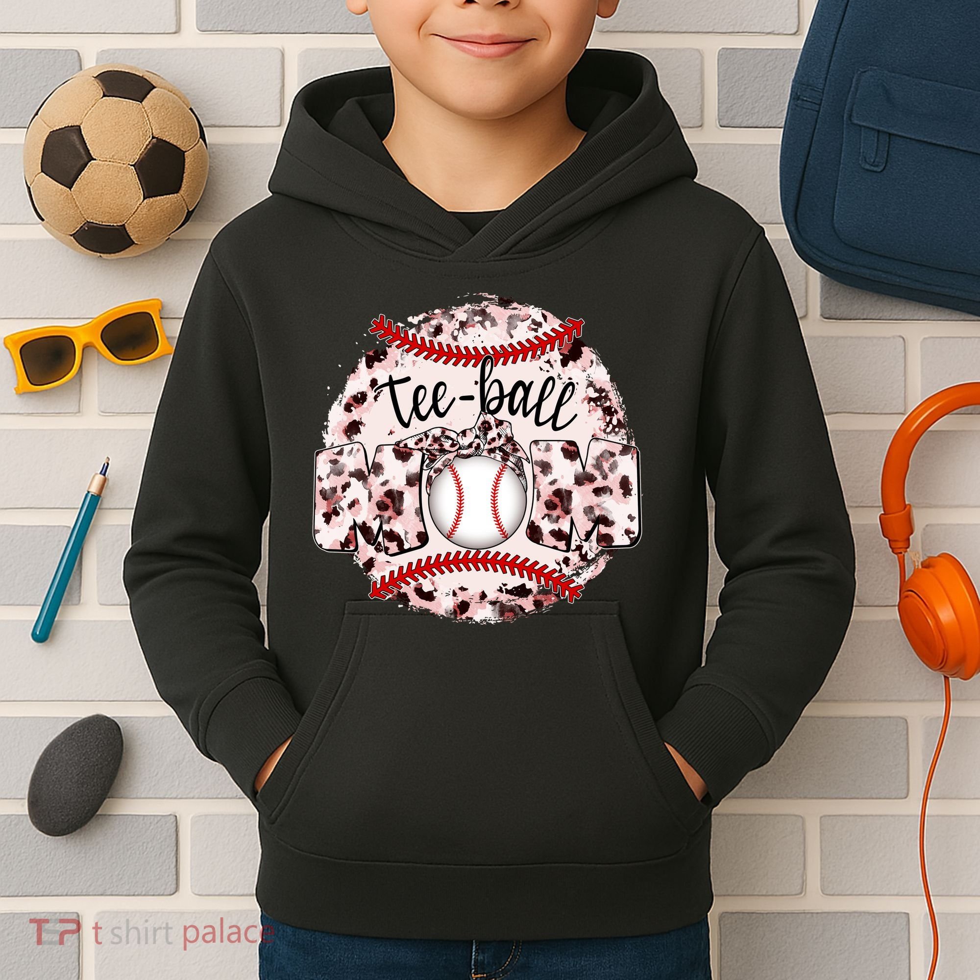 Cute Leopard Print Tee Ball Mom Kids Hoodie