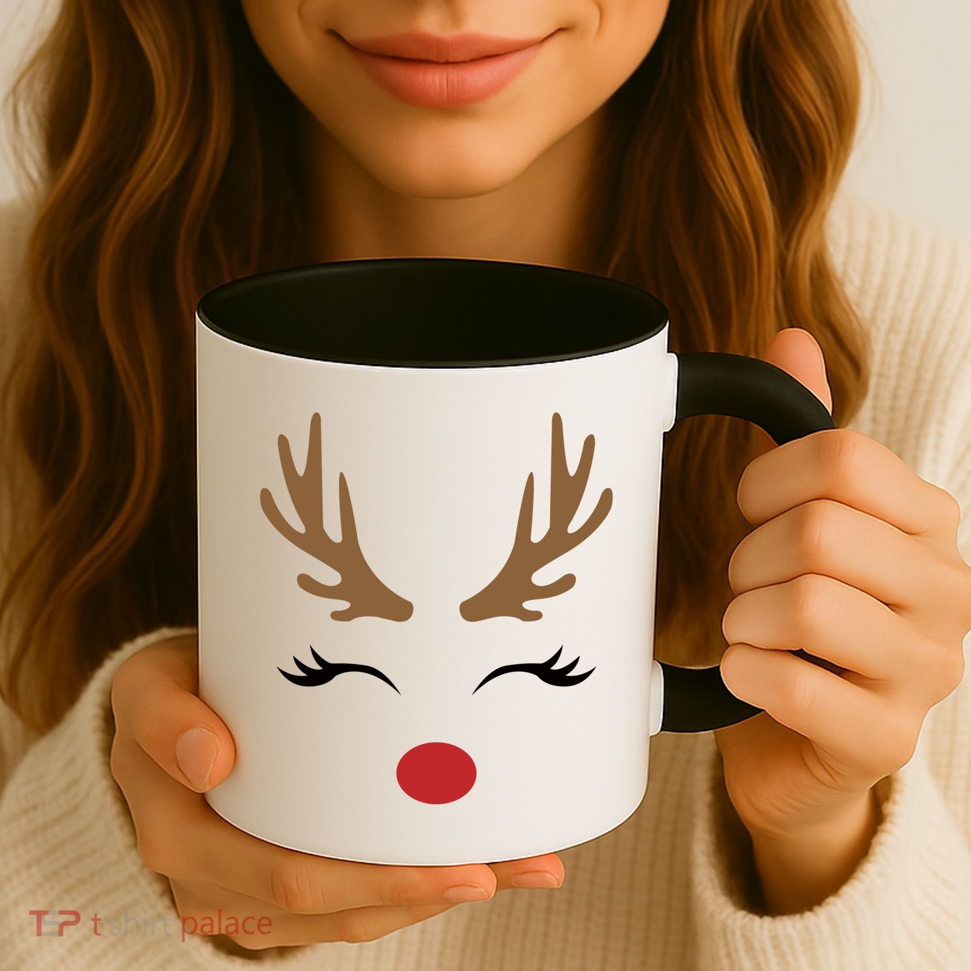 Cute Lady Reindeer Face With Eyelashes And Antlers Gift Novelty Gift Coffee Mug