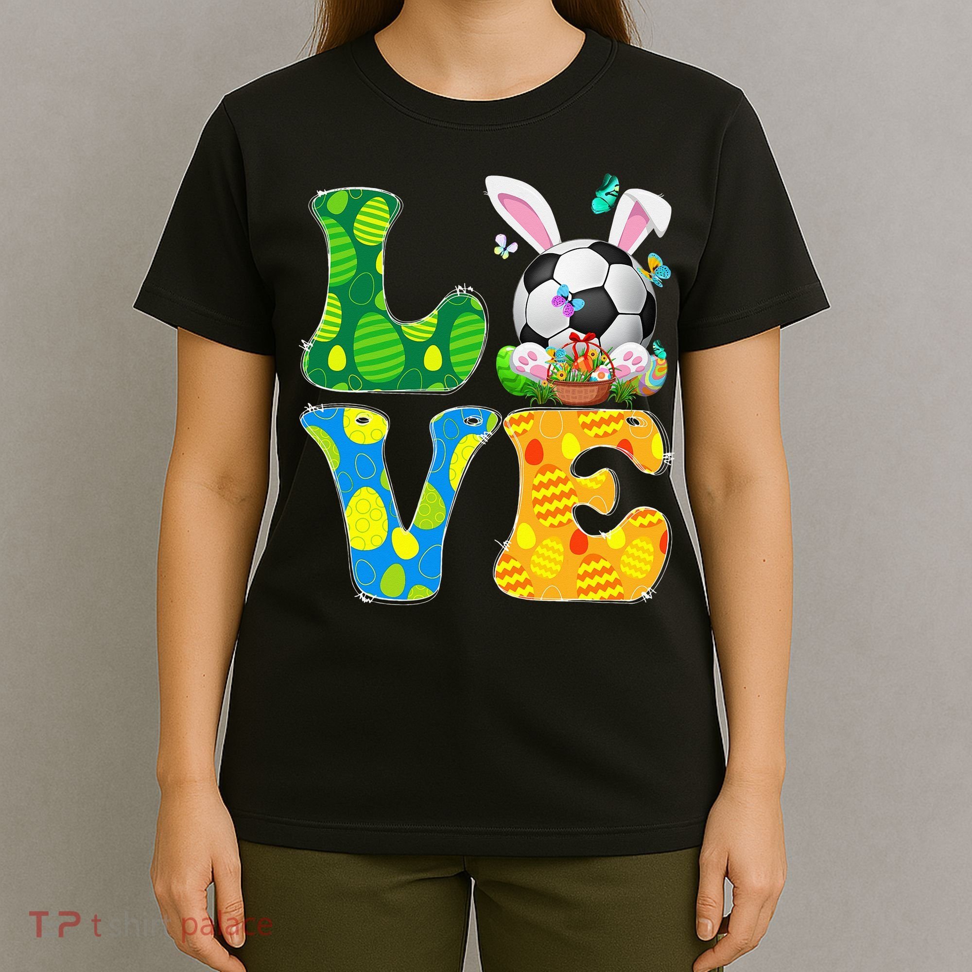 Cute Love Soccer Ball With Bunny Ears Easter Day T-Shirt