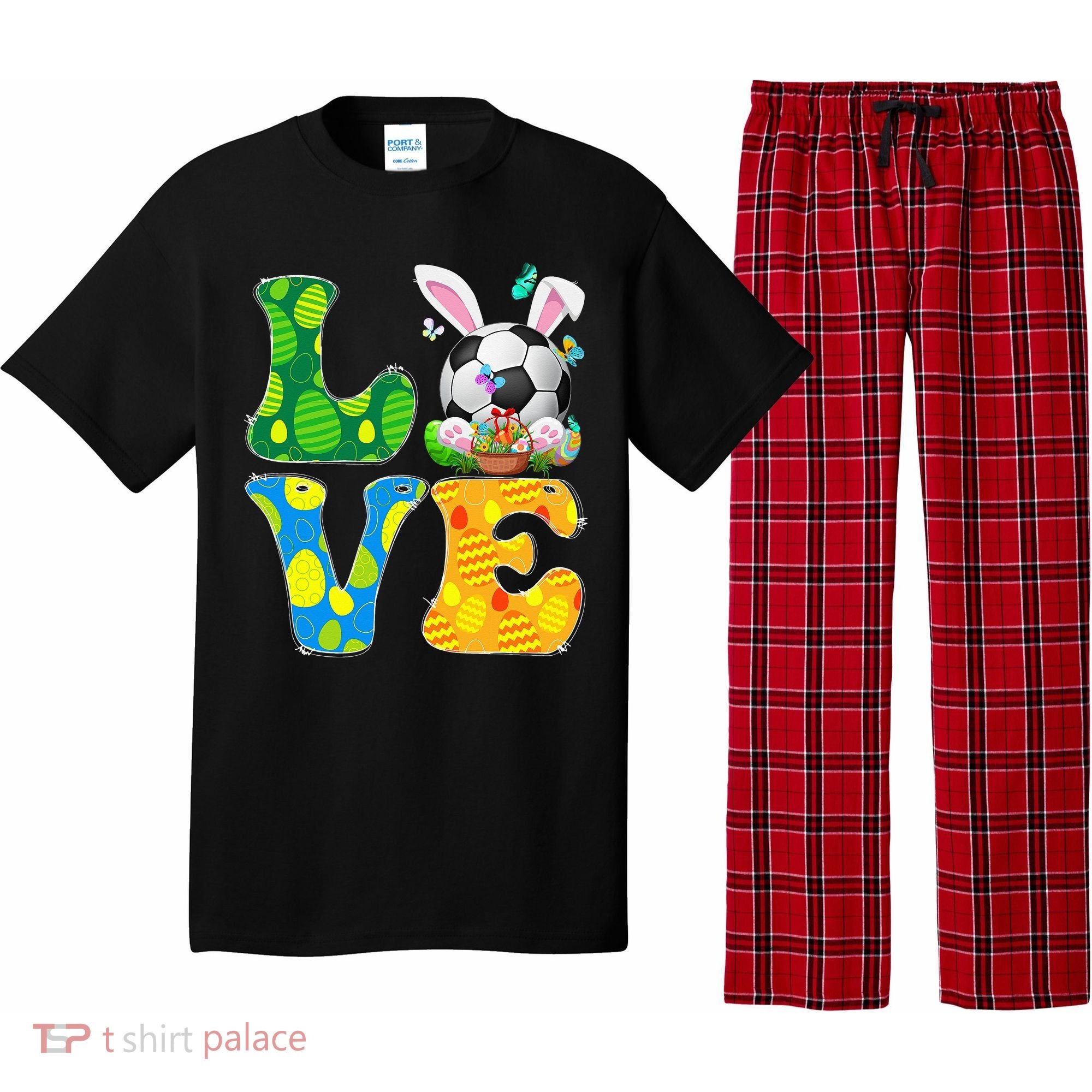 Cute Love Soccer Ball With Bunny Ears Easter Day Pajama Set