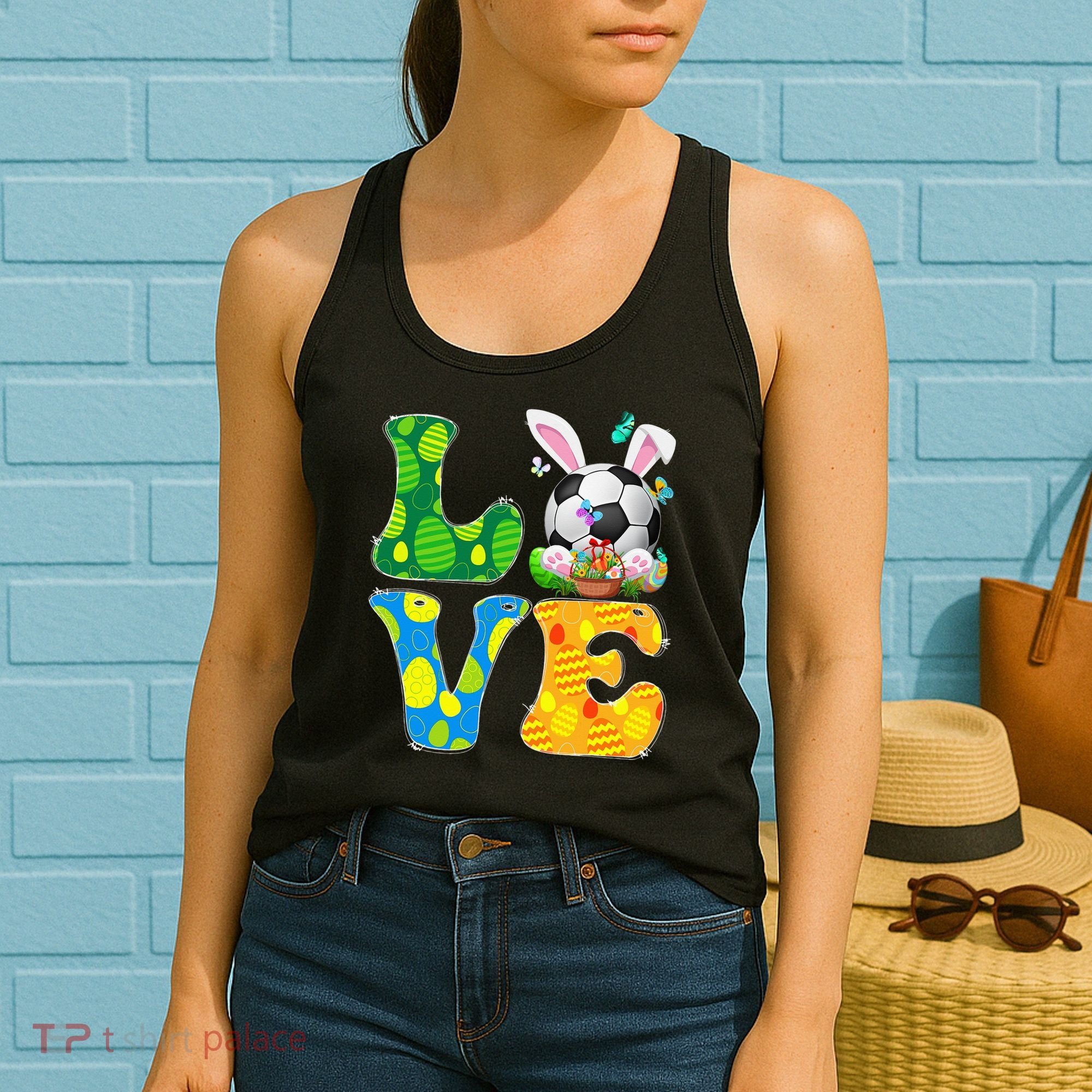 Cute Love Soccer Ball With Bunny Ears Easter Day Women's Tank Top