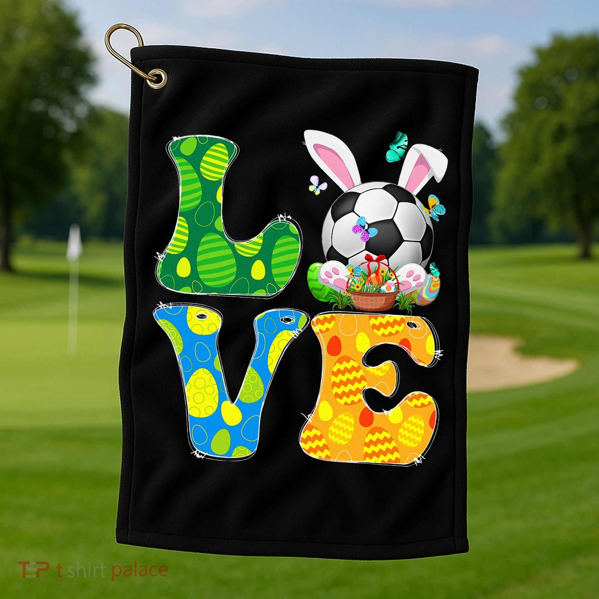 Cute Love Soccer Ball With Bunny Ears Easter Day Golf Towel