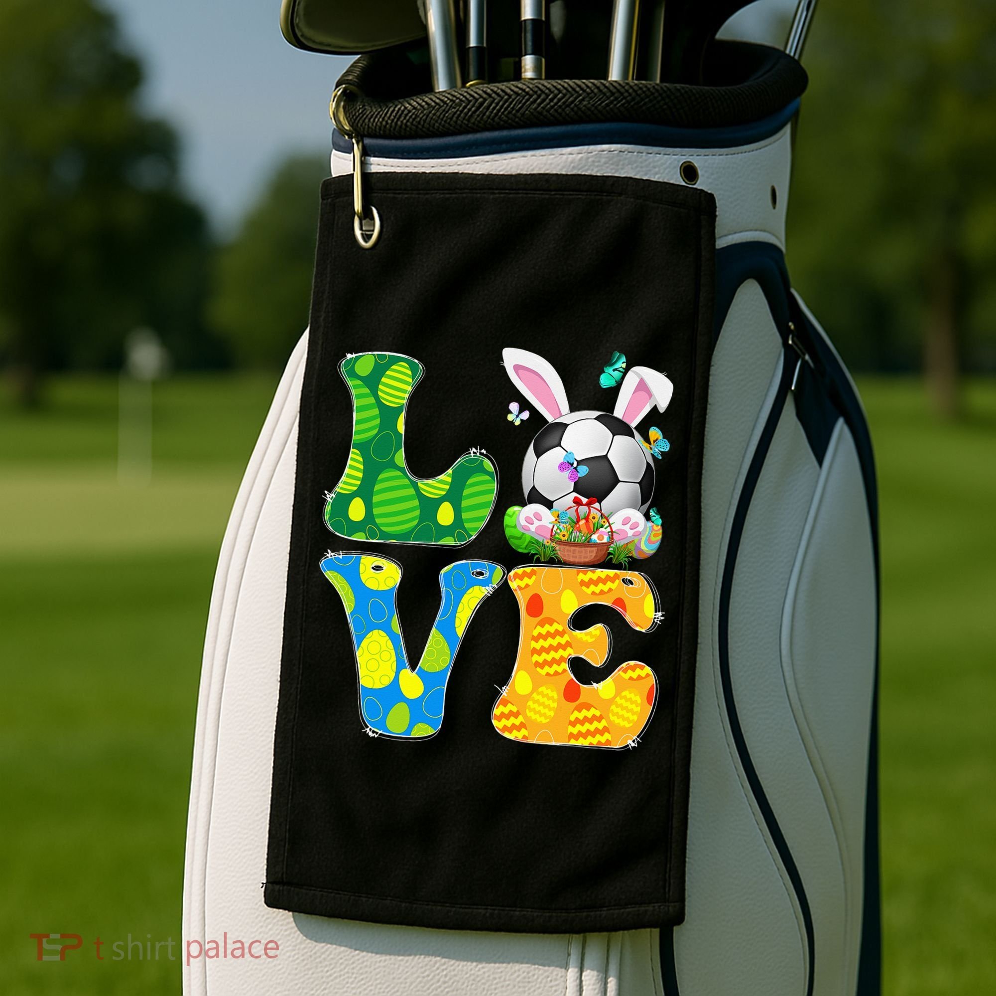 Cute Love Soccer Ball With Bunny Ears Easter Day Golf Towel