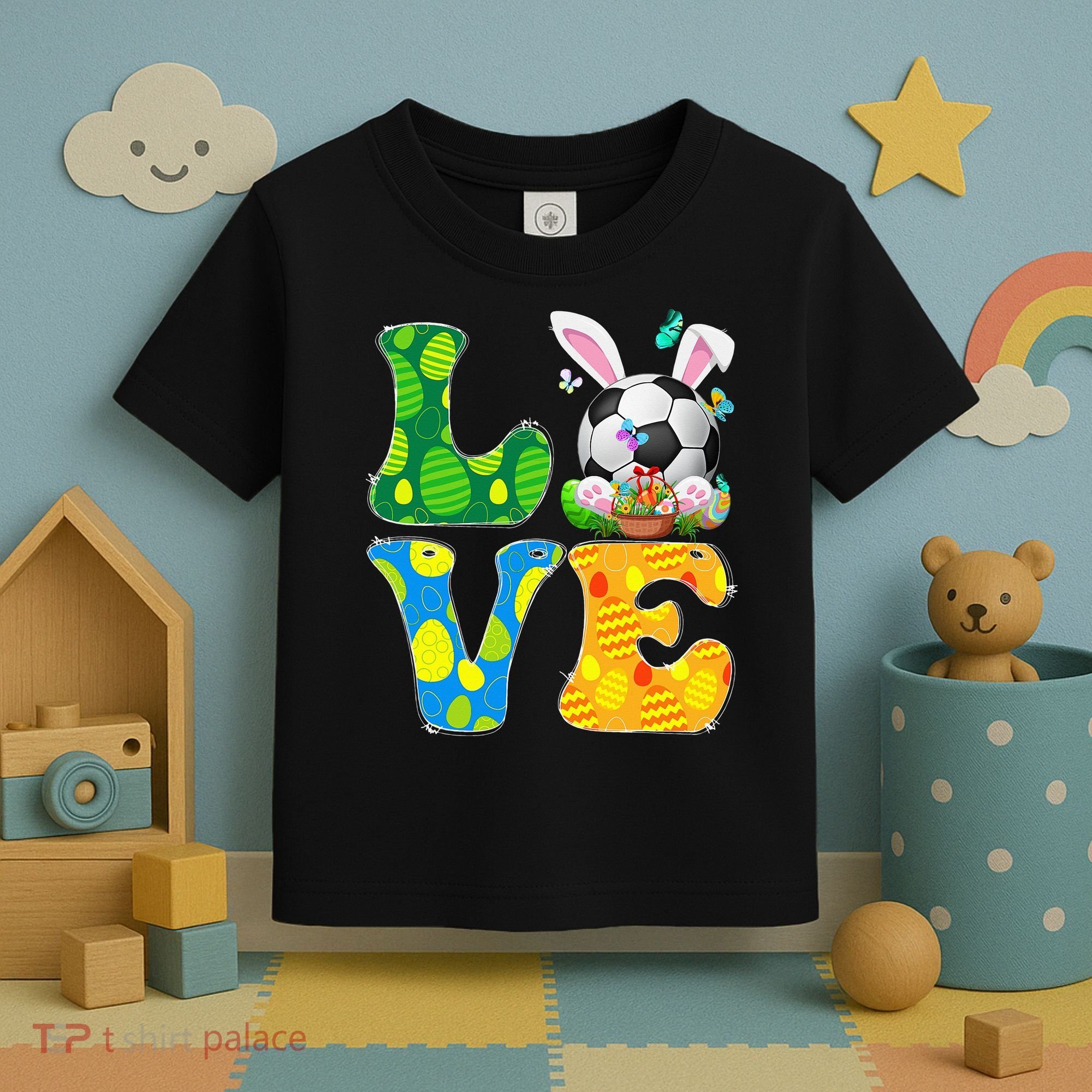 Cute Love Soccer Ball With Bunny Ears Easter Day Toddler T-Shirt