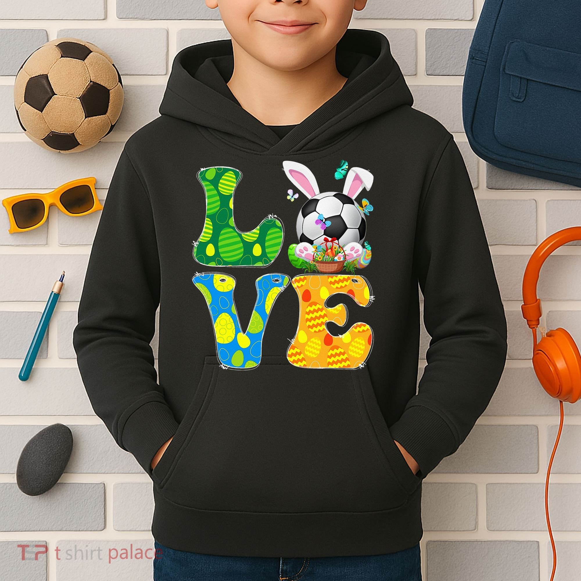 Cute Love Soccer Ball With Bunny Ears Easter Day Kids Hoodie