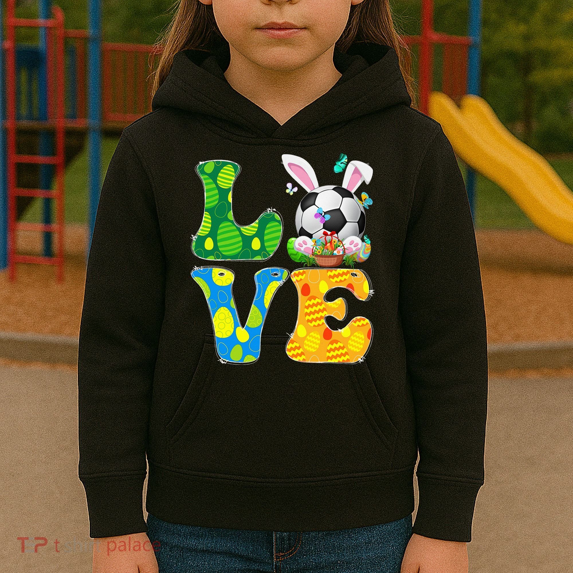 Cute Love Soccer Ball With Bunny Ears Easter Day Kids Hoodie