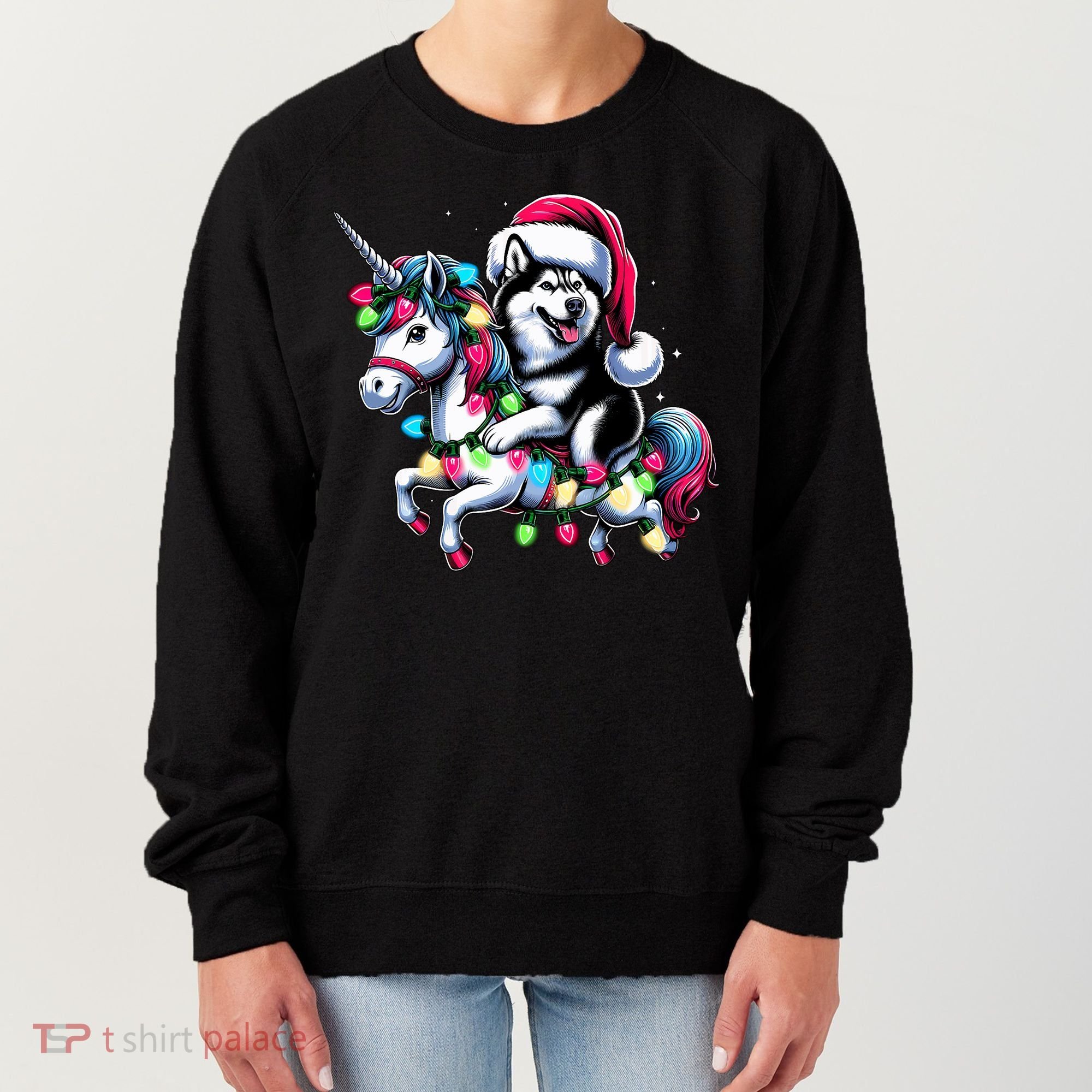 Christmas Lights Siberian Husky Dog Riding Unicorn Women's Sweatshirt