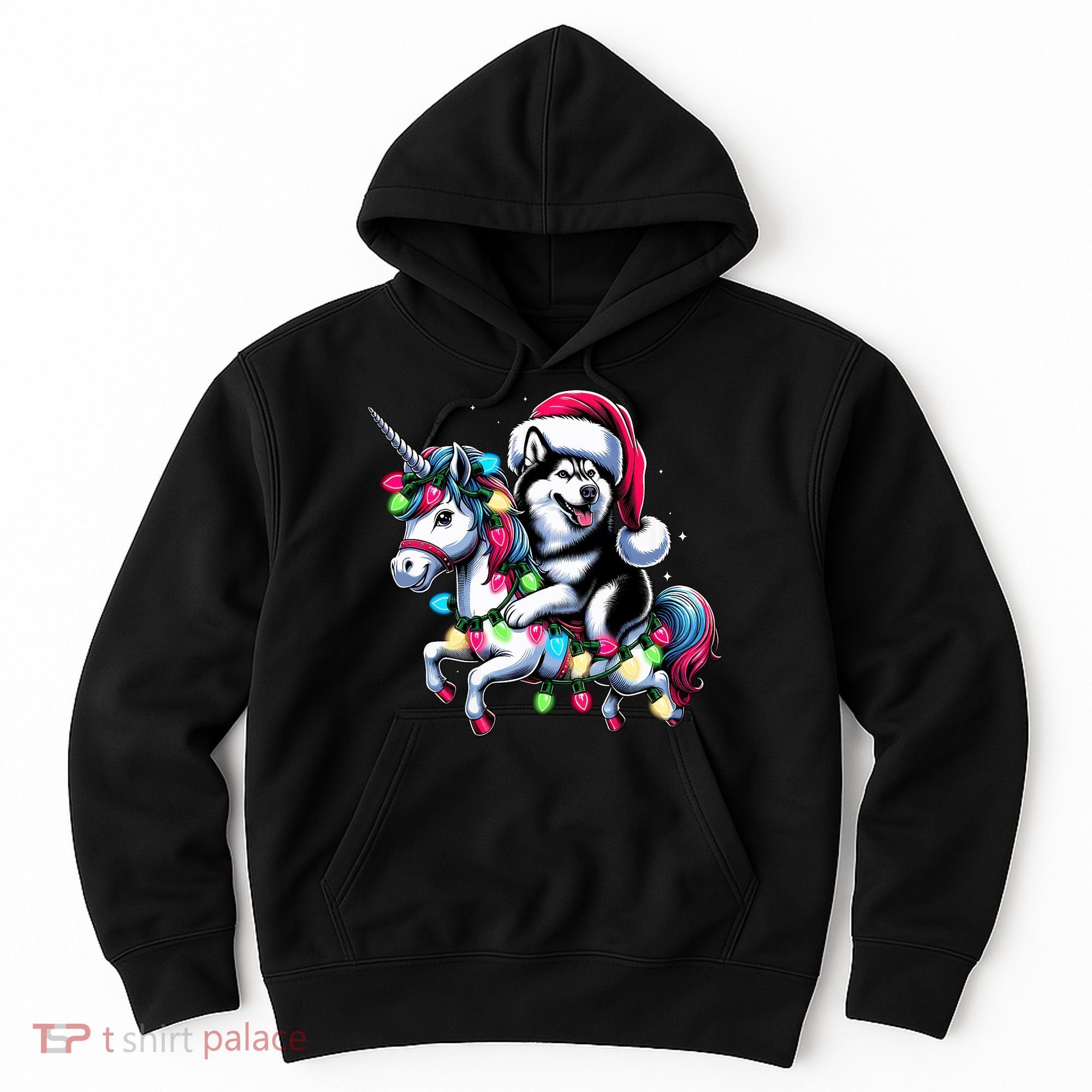 Christmas Lights Siberian Husky Dog Riding Unicorn Hoodie