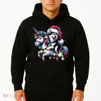Christmas Lights Siberian Husky Dog Riding Unicorn Hoodie thumb 2