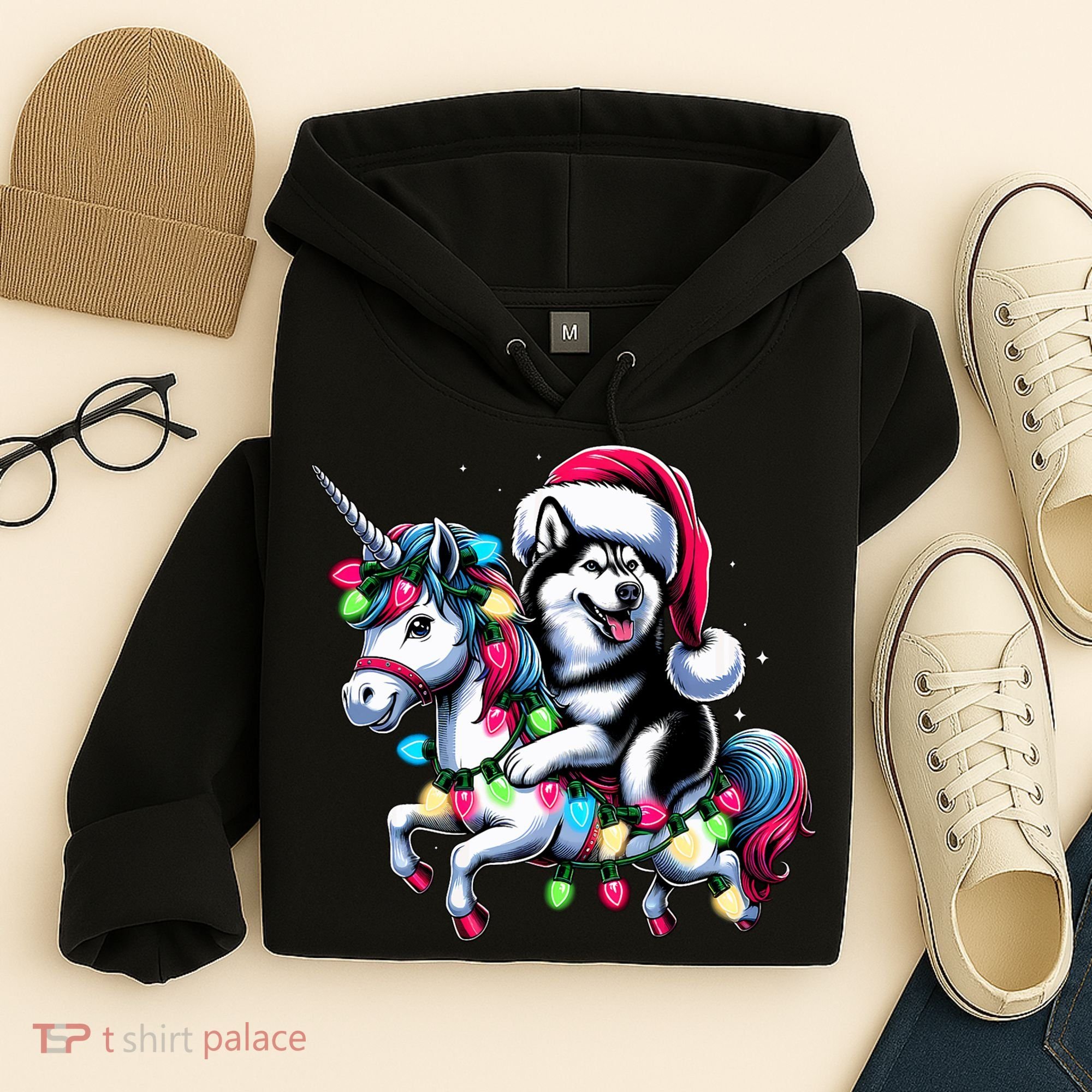 Christmas Lights Siberian Husky Dog Riding Unicorn Hoodie