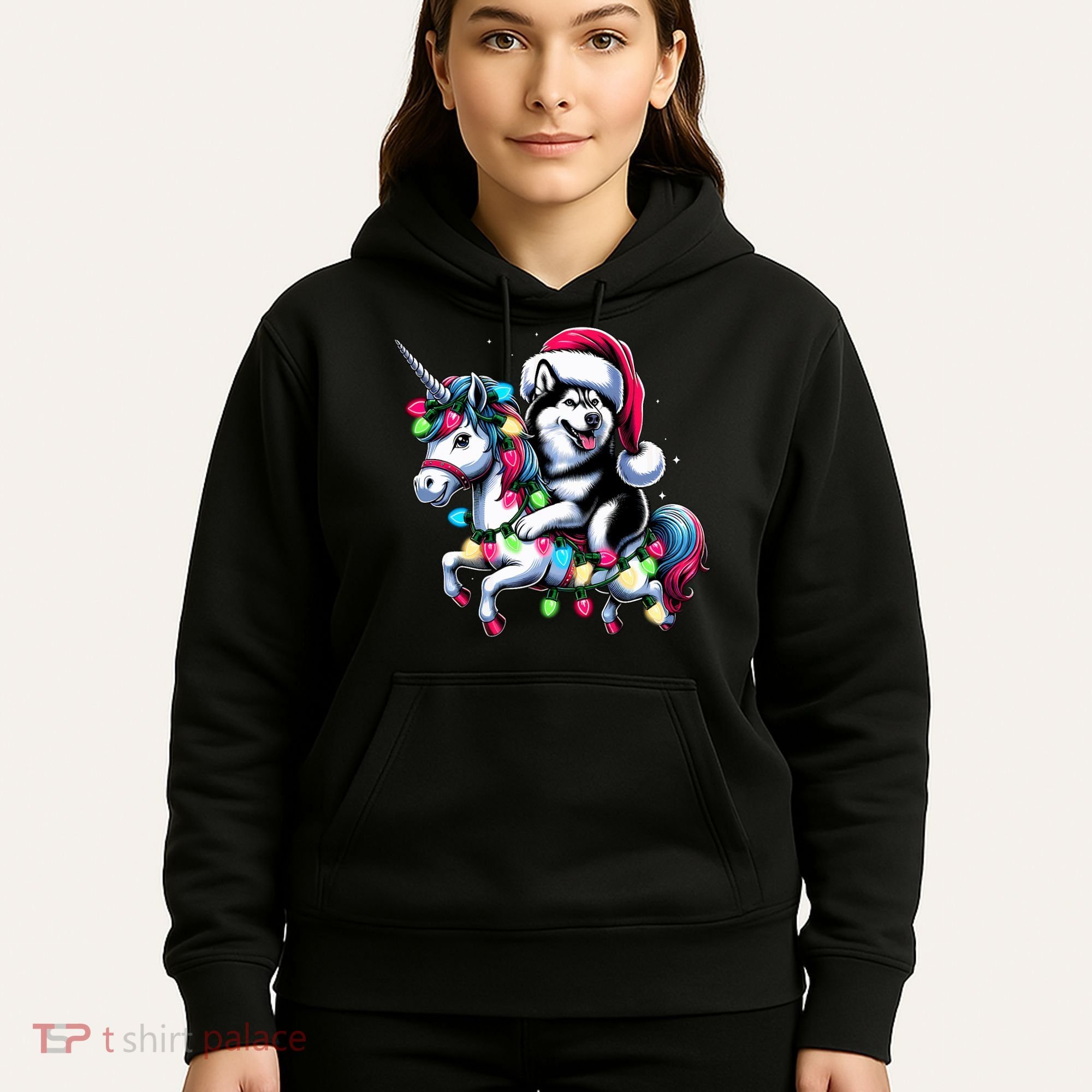 Christmas Lights Siberian Husky Dog Riding Unicorn Hoodie