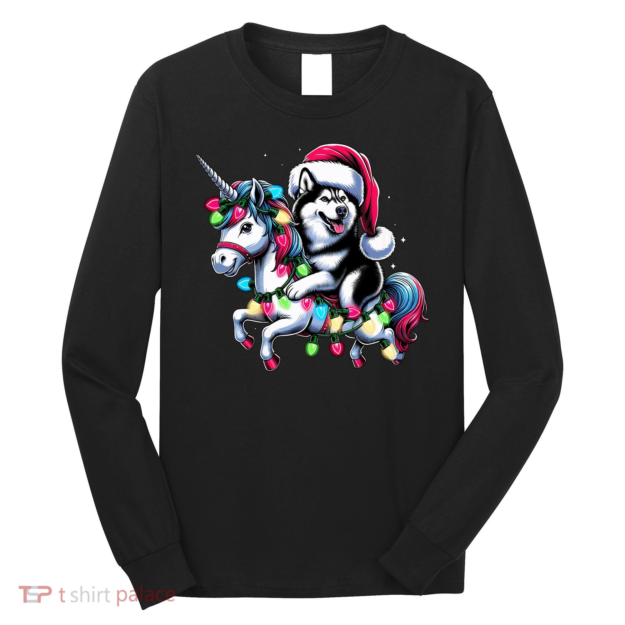 Christmas Lights Siberian Husky Dog Riding Unicorn Long Sleeve Shirt