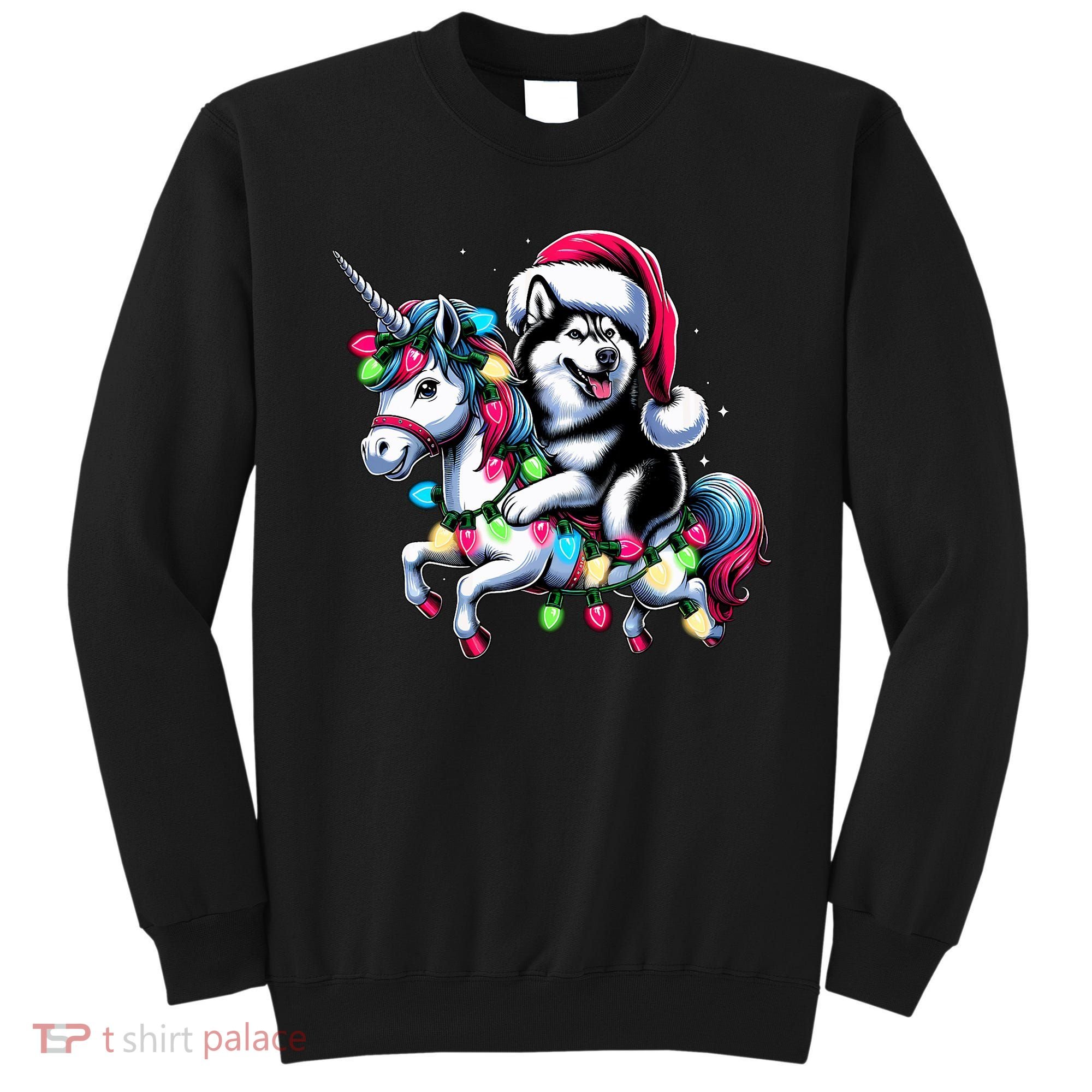 Christmas Lights Siberian Husky Dog Riding Unicorn Sweatshirt