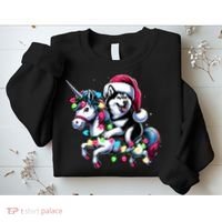 Christmas Lights Siberian Husky Dog Riding Unicorn Sweatshirt thumb 2