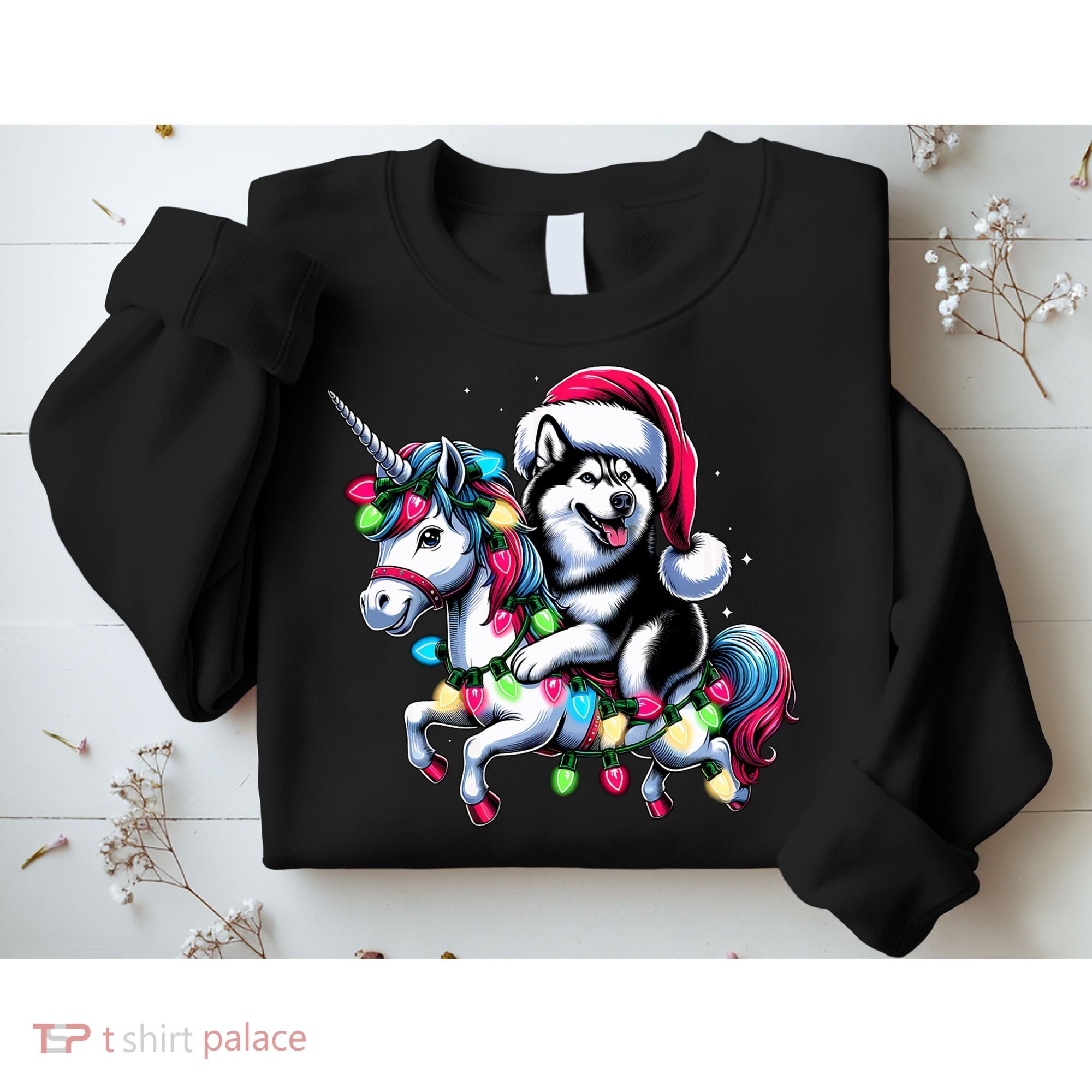 Christmas Lights Siberian Husky Dog Riding Unicorn Sweatshirt