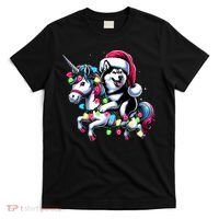 Christmas Lights Siberian Husky Dog Riding Unicorn T-Shirt thumb 0