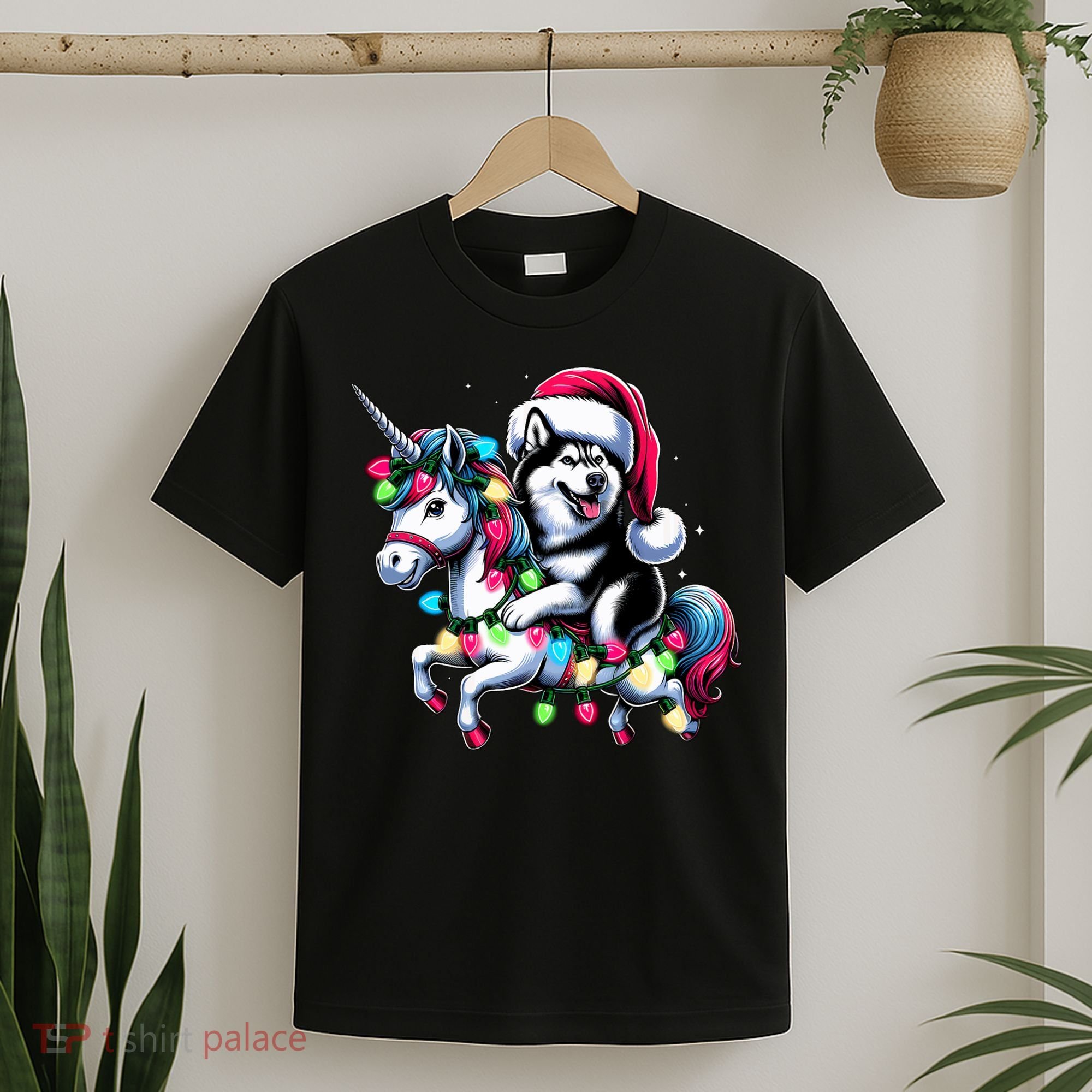 Christmas Lights Siberian Husky Dog Riding Unicorn T-Shirt