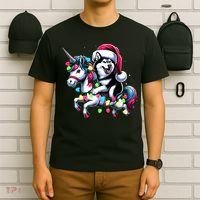 Christmas Lights Siberian Husky Dog Riding Unicorn T-Shirt thumb 6