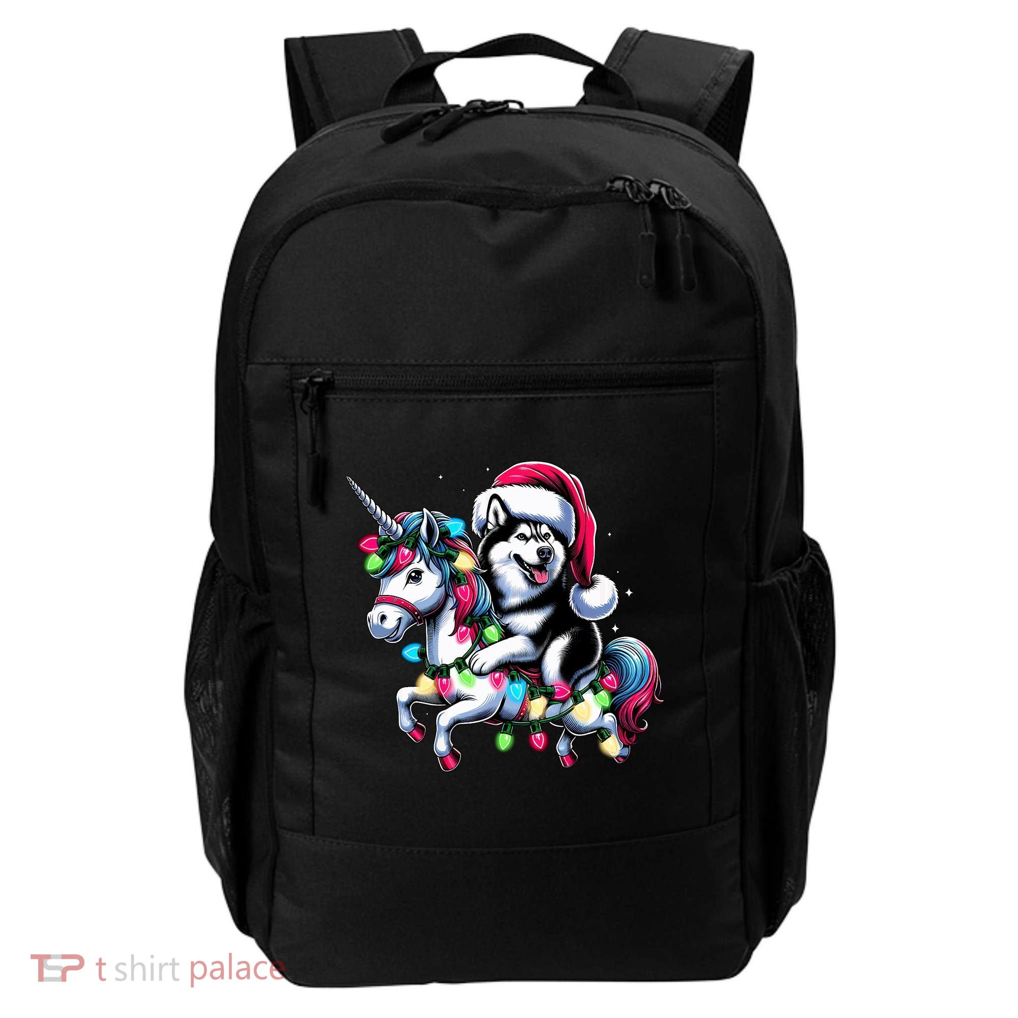 Christmas Lights Siberian Husky Dog Riding Unicorn Backpack