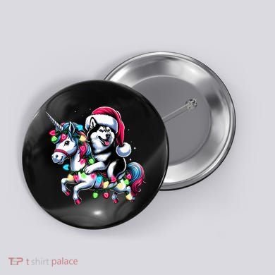 Christmas Lights Siberian Husky Dog Riding Unicorn Button