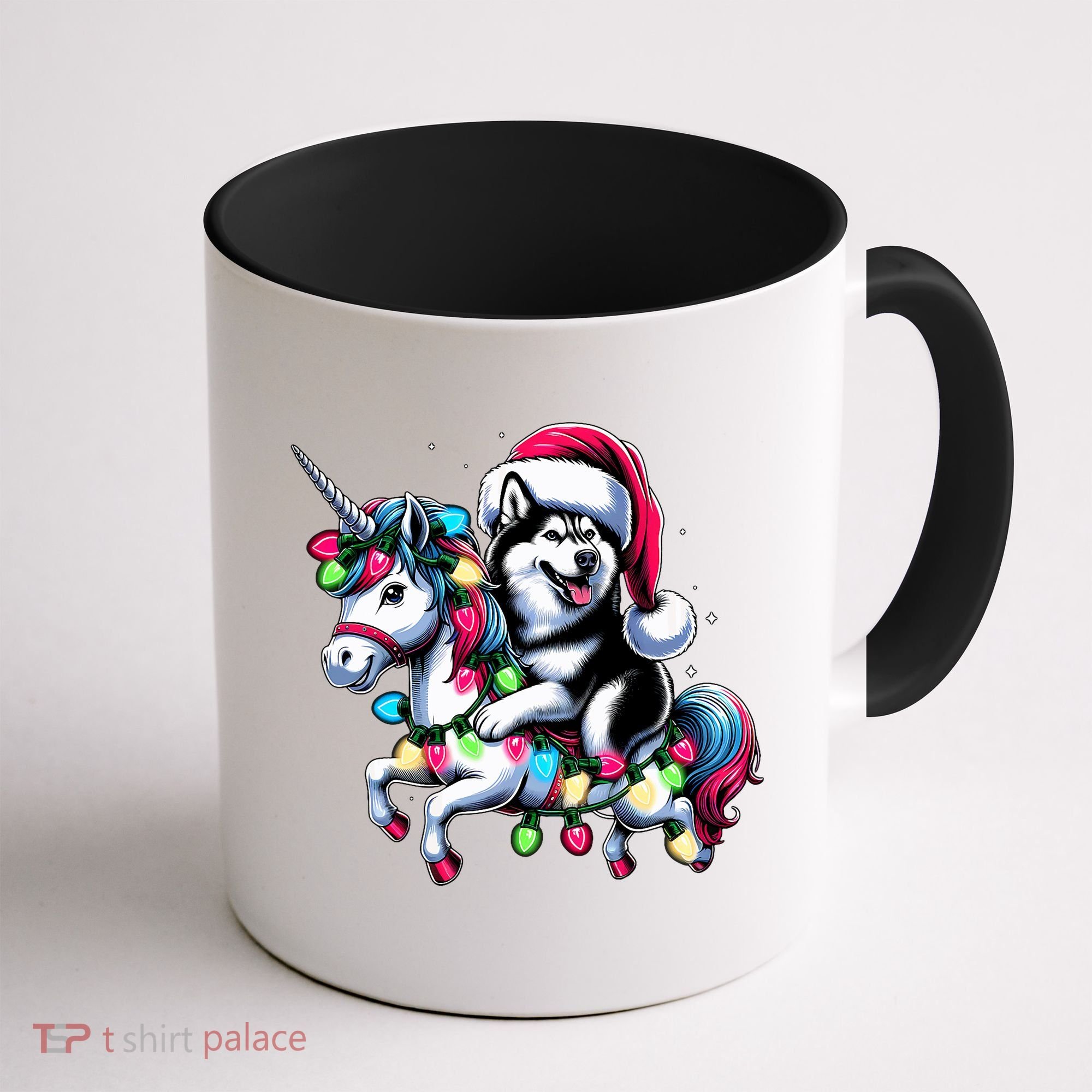 Christmas Lights Siberian Husky Dog Riding Unicorn Coffee Mug