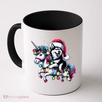 Christmas Lights Siberian Husky Dog Riding Unicorn Coffee Mug thumb 0