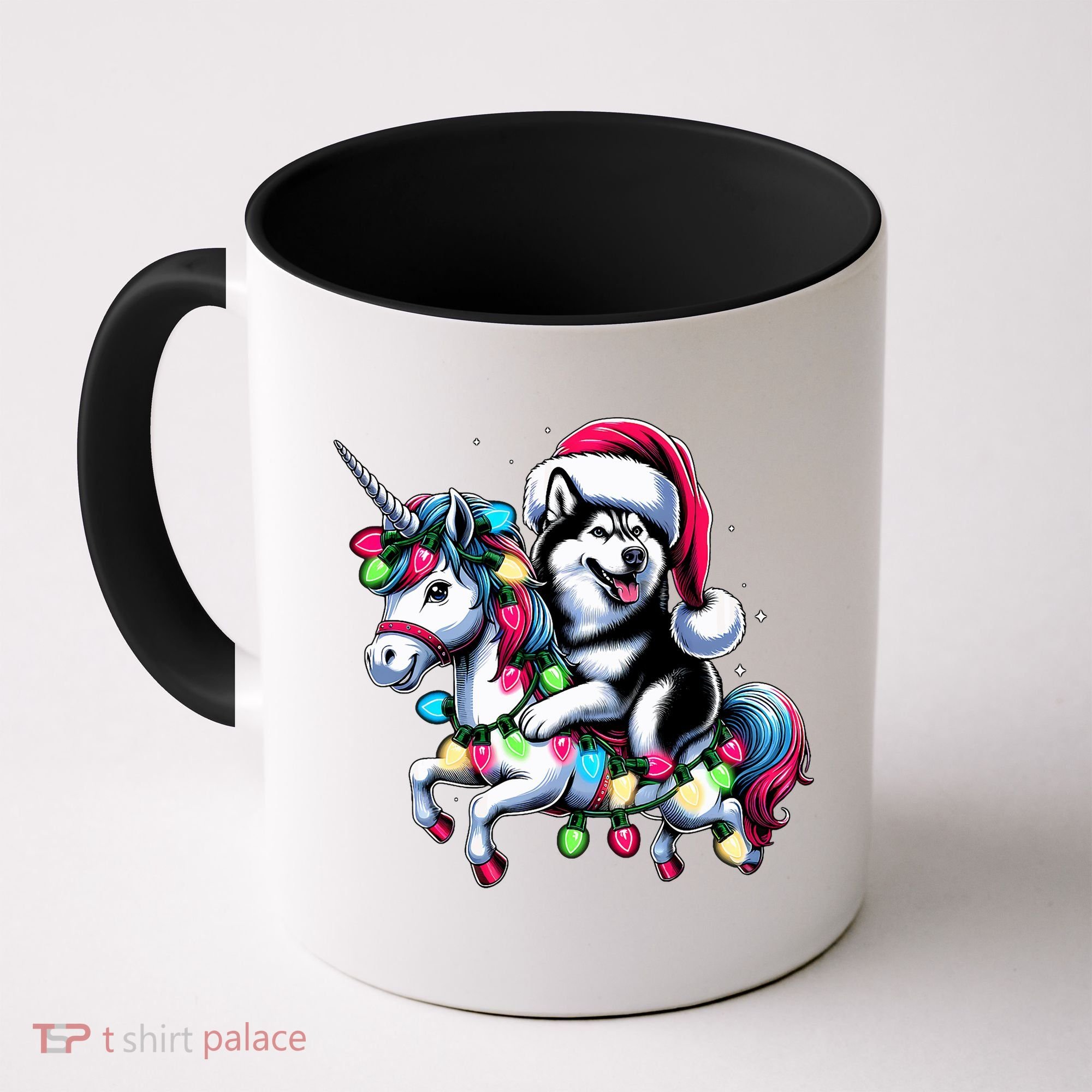 Christmas Lights Siberian Husky Dog Riding Unicorn Coffee Mug