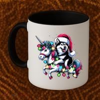 Christmas Lights Siberian Husky Dog Riding Unicorn Coffee Mug thumb 2
