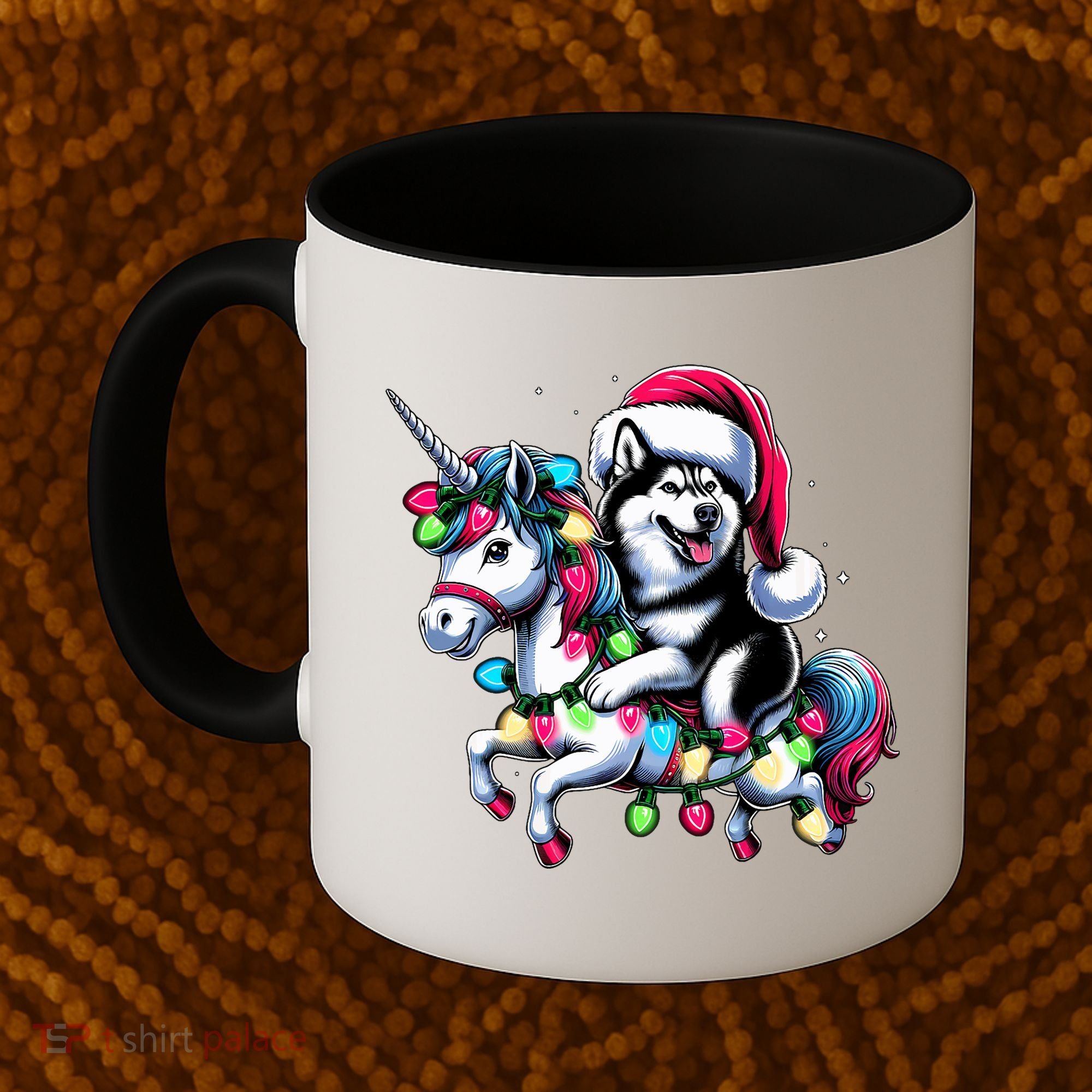 Christmas Lights Siberian Husky Dog Riding Unicorn Coffee Mug